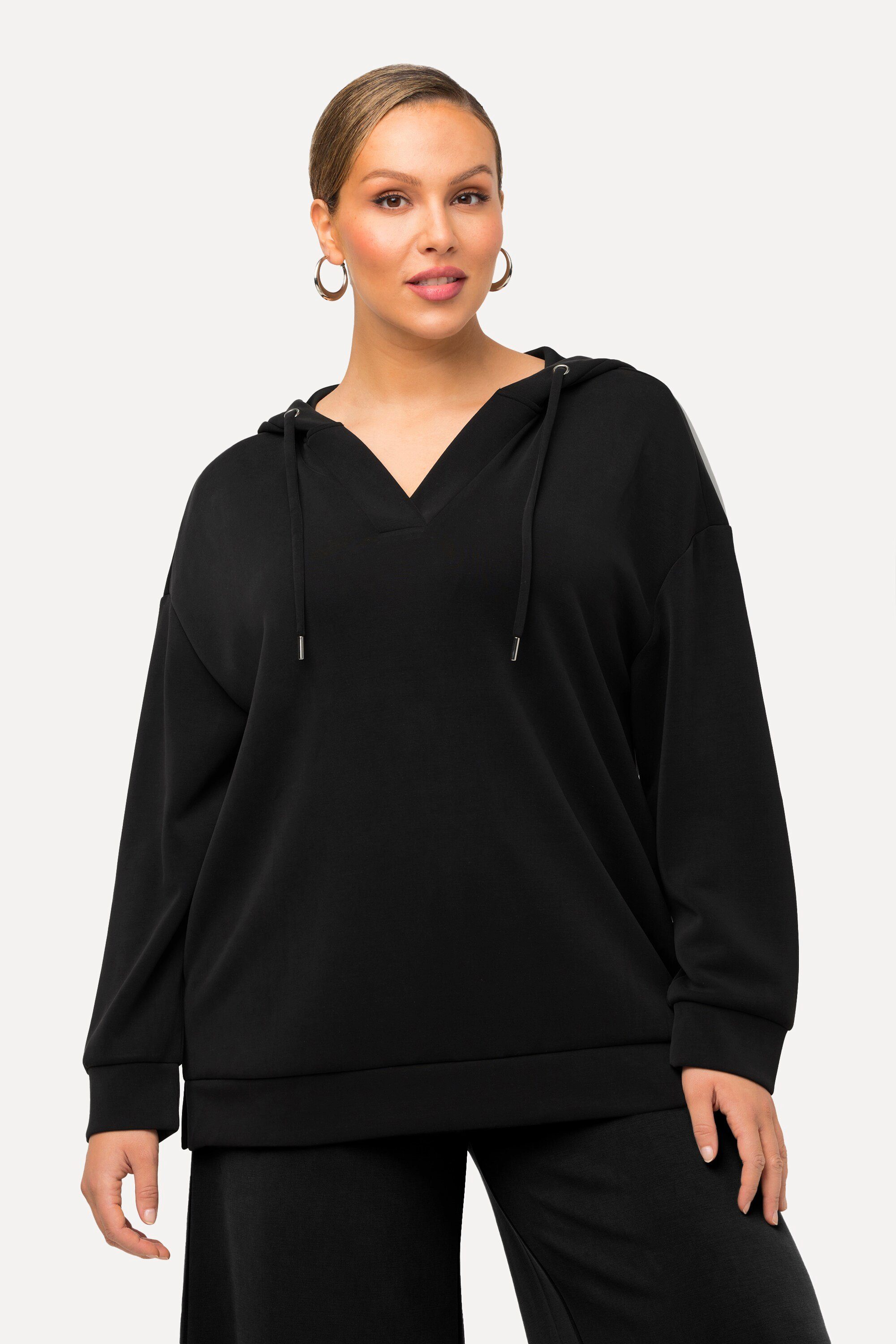 Ulla Popken Sweatshirt Hoodie Oversized V-Ausschnitt Langarm Kapuzenshirt schwarz | Sweatshirts