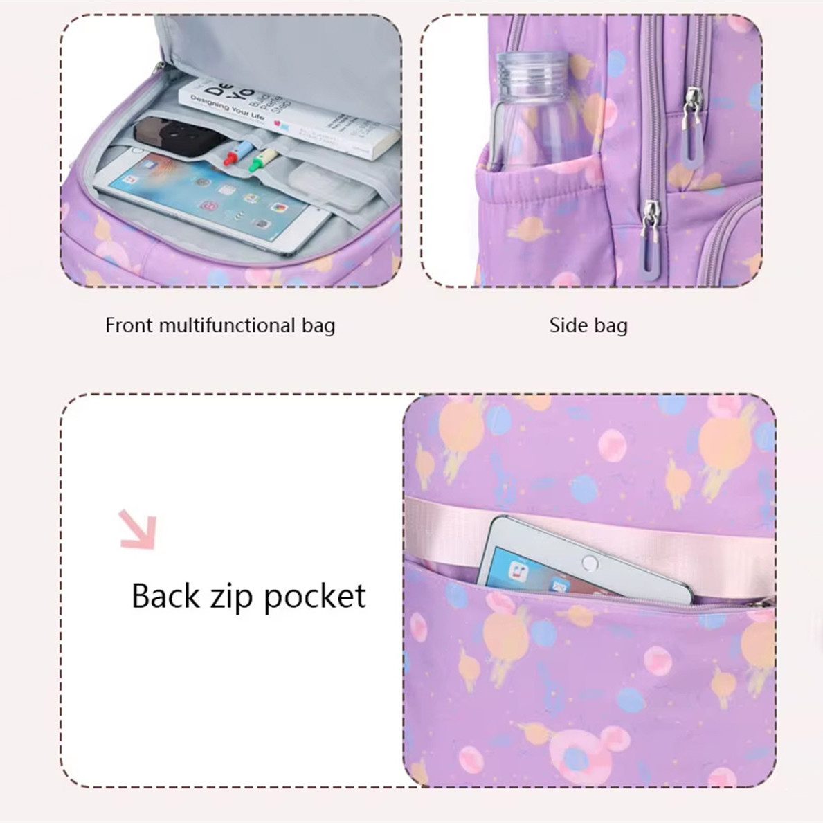 MOPUEA Schulrucksack Rucksack Schultaschen 3er Set Schule Mädchen Jungen Teenager (Turnbeutel Seitentasche, Laptopfach, Wasserabweisend Schulranzen, 3-tlg., mit – Bild 4 von 5