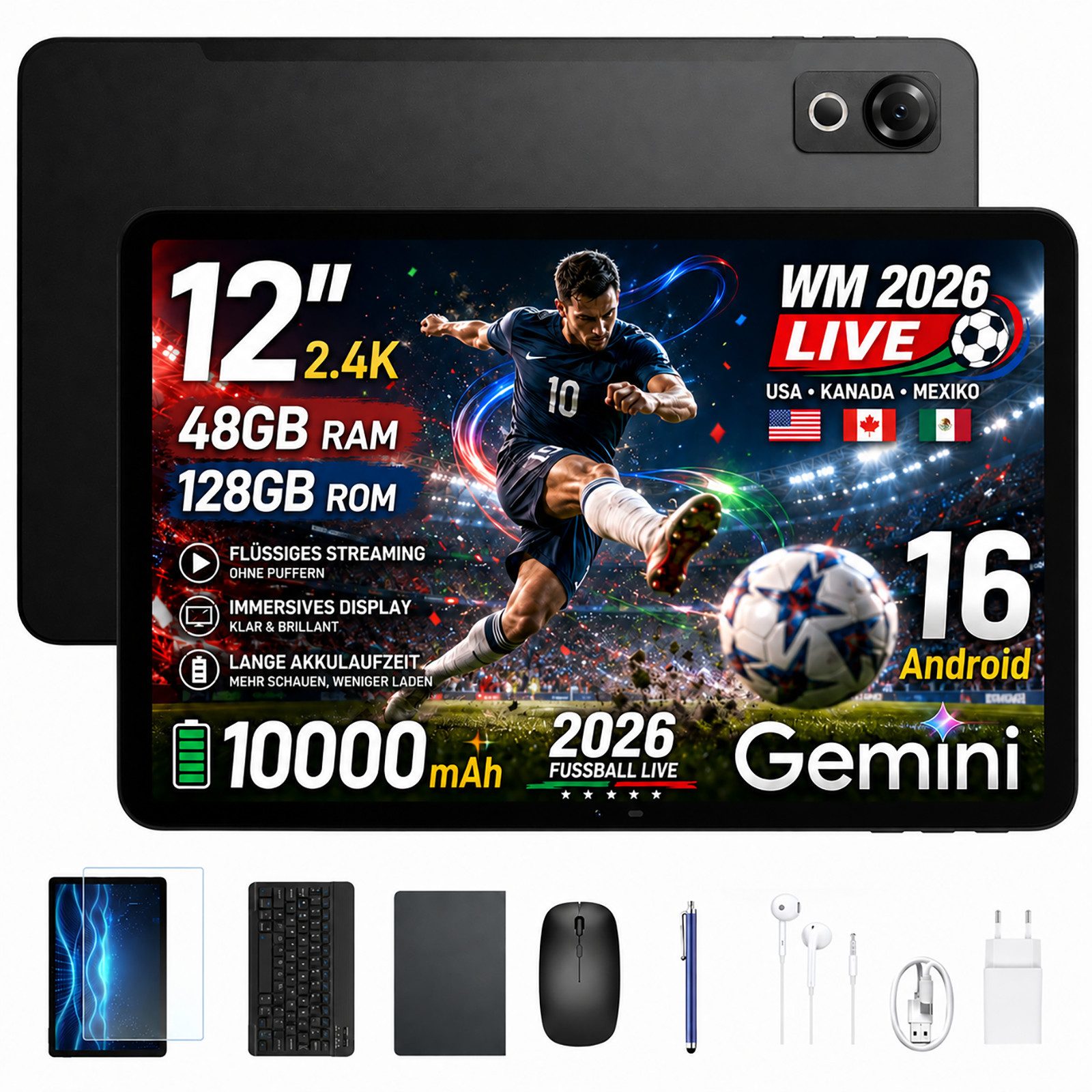 Aorlym AP12 Android 16 Tablet mit Tastatur, 12 zoll, 2.4K 120Hz, 10000mAh/18W Tablet (12", 128 GB, Android 16, WiFi, 48GB RAM(8+ 40GB erweitert)+128GB ROM, Gemini AI, 5G WiFi, Face ID/GPS)