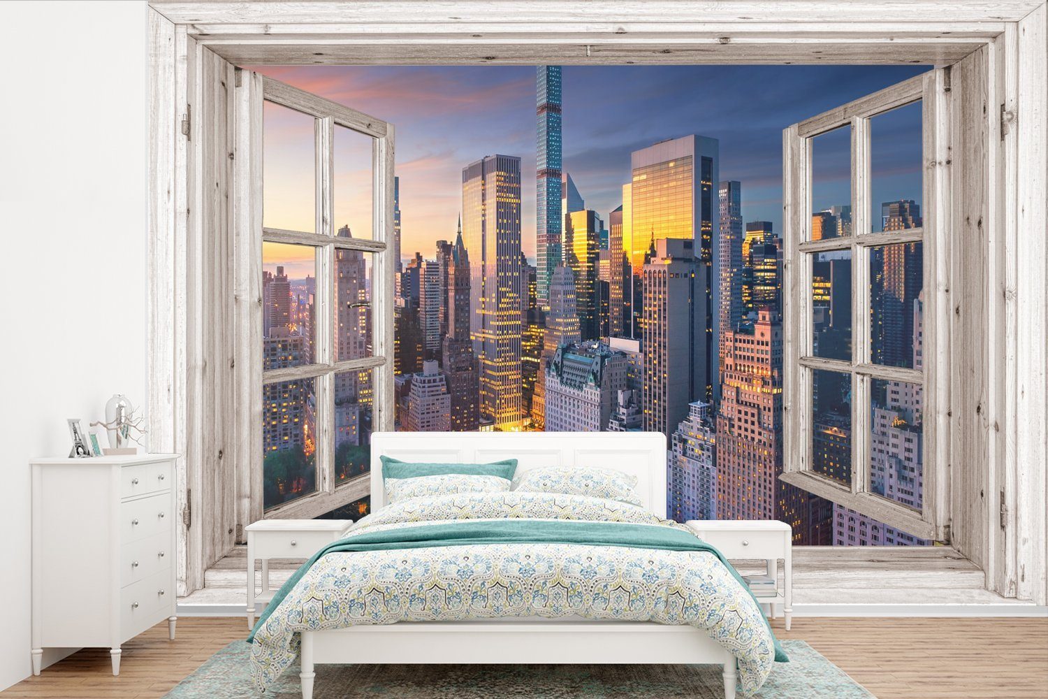 MuchoWow Fototapete Ansicht - New York - Skyline, Matt, bedruckt, (6 St), Wallpaper für Wohnzimmer, Schlafzimmer, Kinderzimmer, Vinyl Tapete