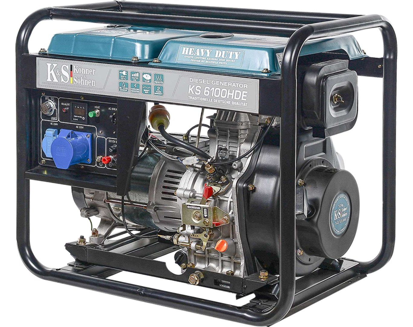 Könner & Söhnen Stromerzeuger KS 6100HDE, (1-tlg., 5.5 kW Höchstleistung, 12.0 PS KS 440HD-V & 11L Tank), E-Start, Vorwärmer, EURO V, 32mm Rahmen, AVR