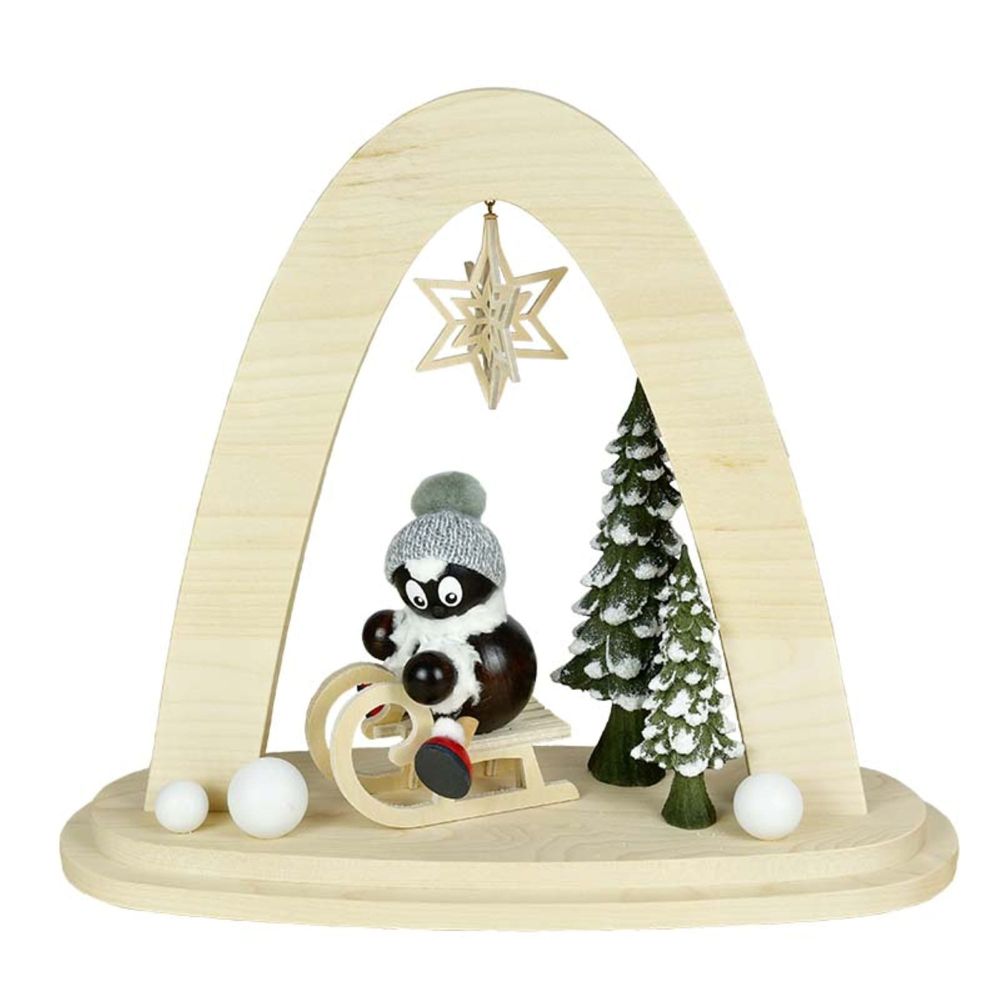 RATAGS LED Schwibbogen Massivholzbogen, Pitti auf dem Schlitten, NEU B 35cm/H 29,5cm/T 14cm, Handwerkskunst original Erzgebirge