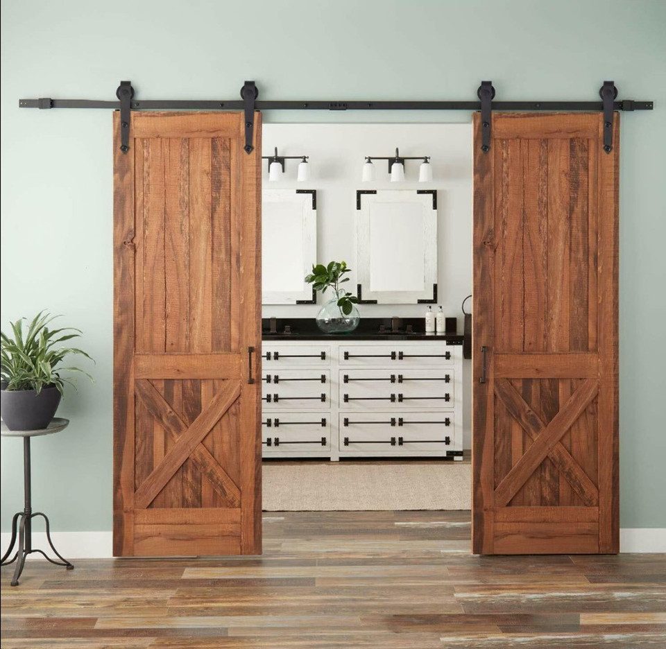 JEOBEST Schiebetür 366cm Schiebetürsystem Komplett-Set mit Schiebetür Schiene, für 2 Holztür