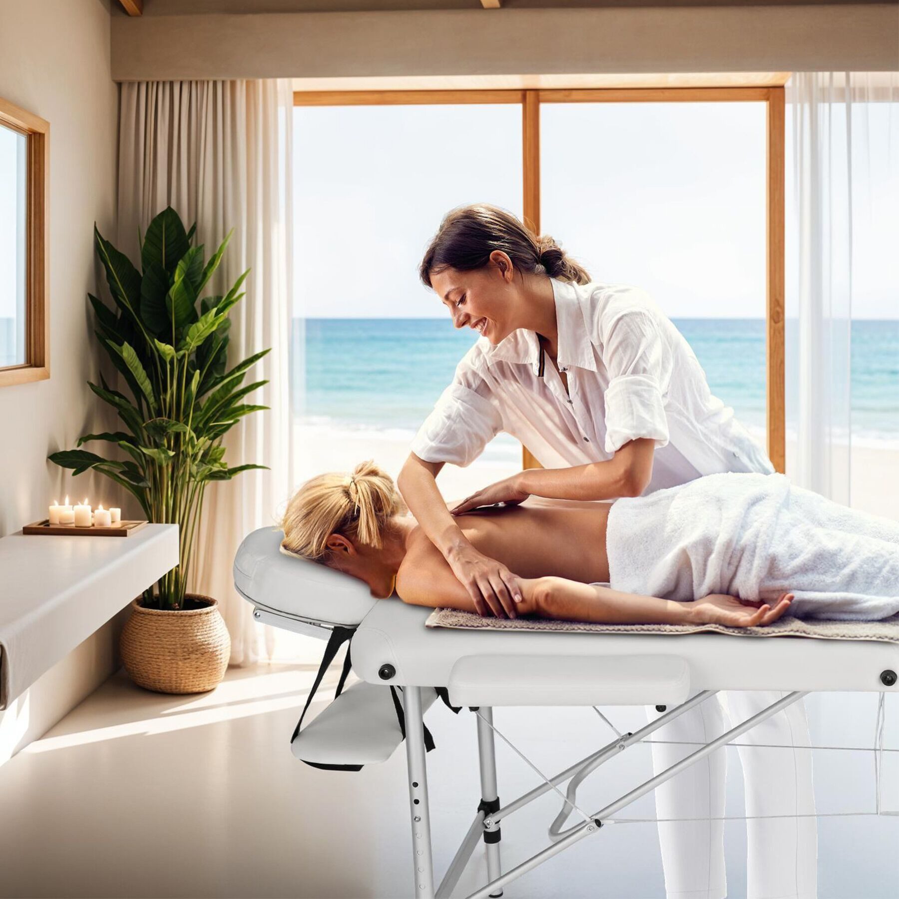 tectake Massageliege Massagetisch klappbar höhenverstellbar Aluminiumgestell 61cm 5cm (Klappbare Liege, 1-St., in Weiß), Mit Tragetasche und abnehmbaren Kopf- und Armablagen für Komfort