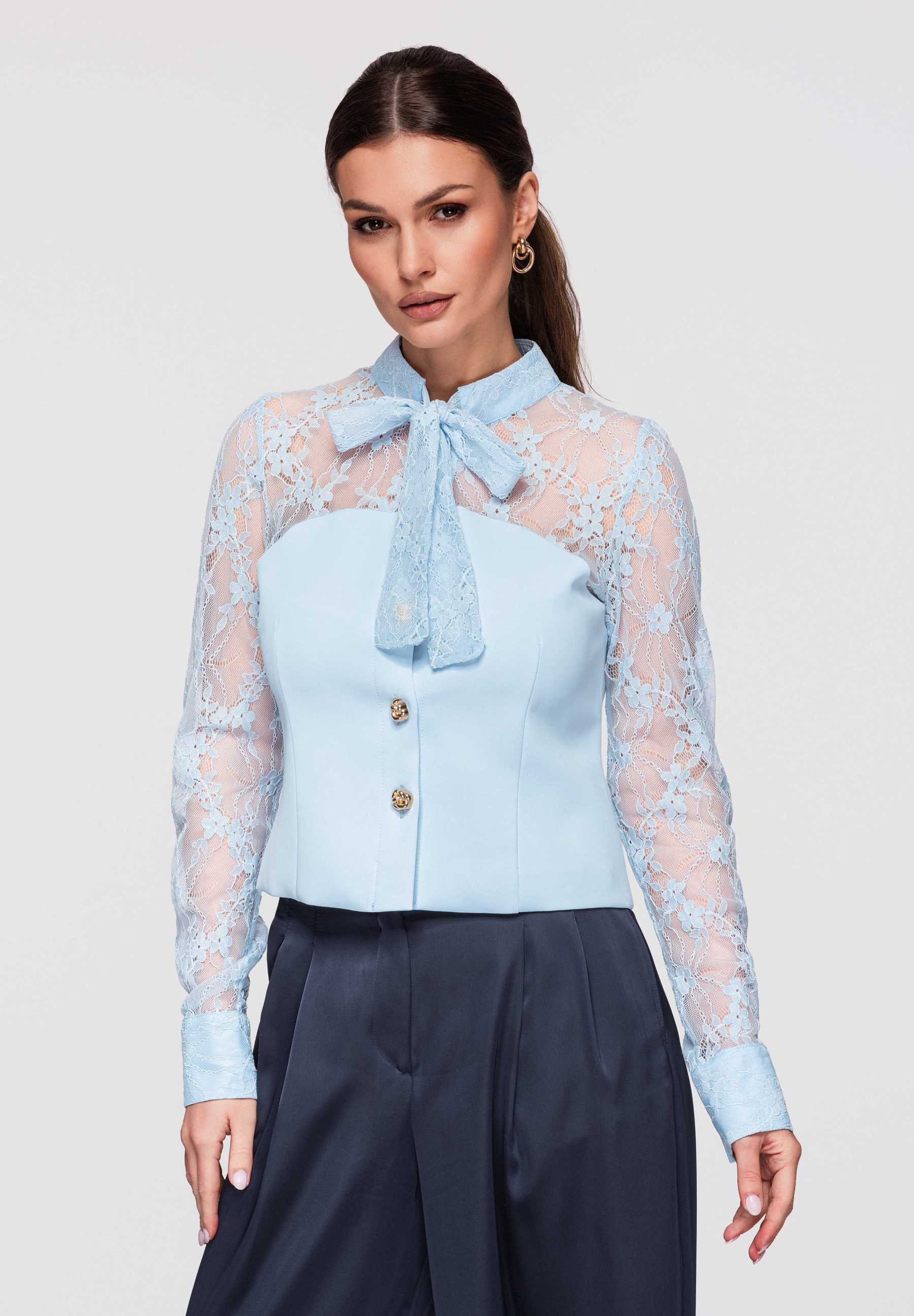 OMBRE Langarmhemd Damen Bluse Spitze Figurbetont Elegant Blau S (kein Set, 1-tlg) Transparente Spitze, florales Muster