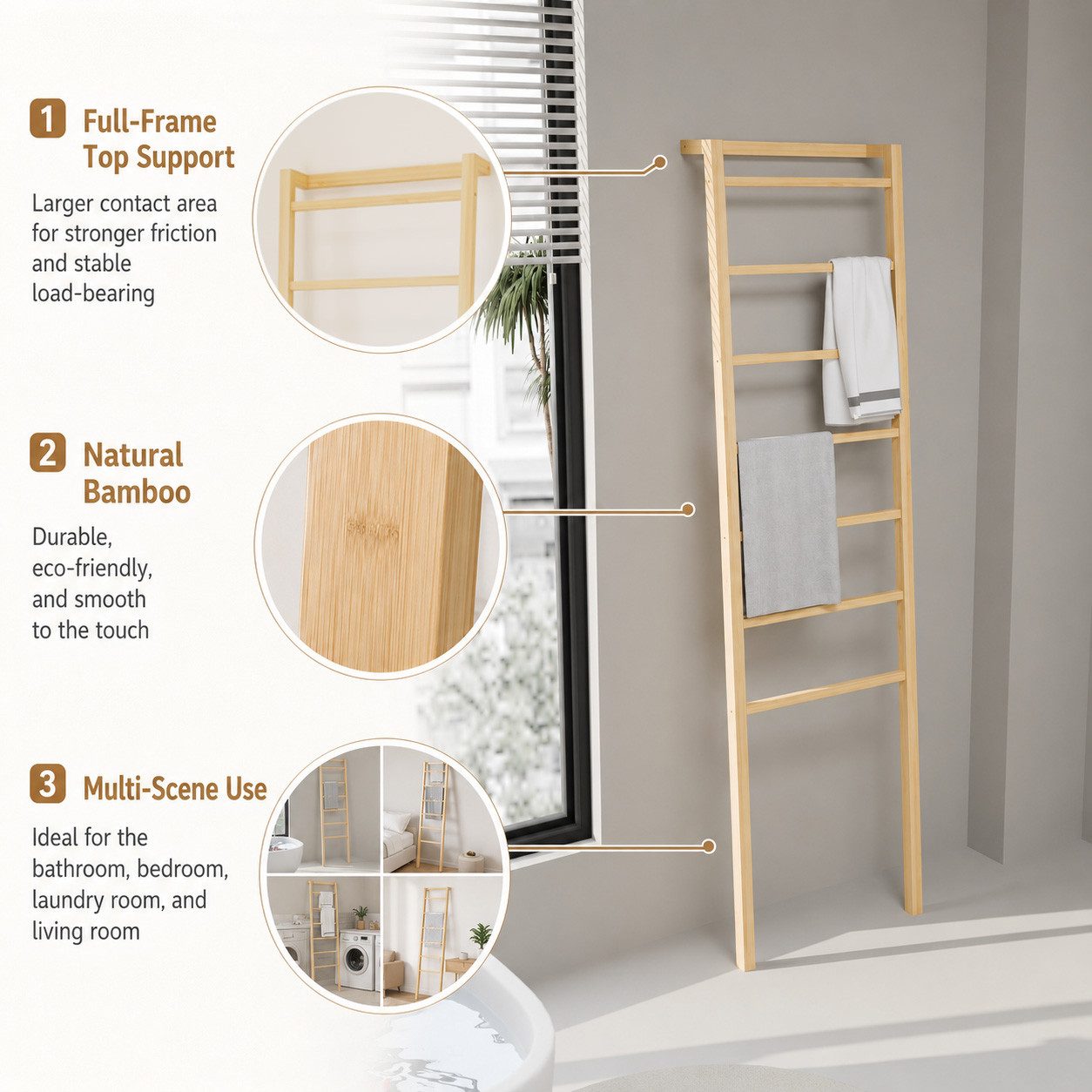 Yorbay Handtuchleiter 7 Sprossen Bambus, ohne Bohren platzsparend Badezimmer – Bild 5 von 5
