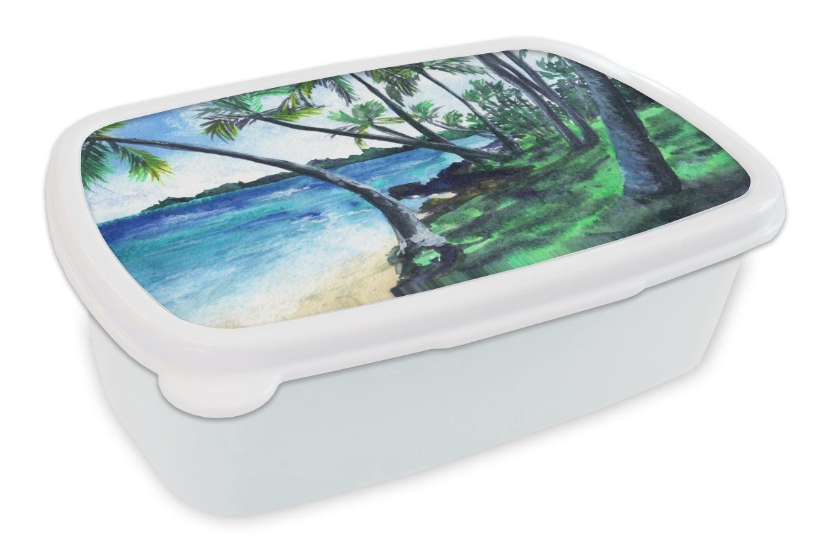 - (2-tlg), Erwachsene, Brotdose, weiß MuchoWow Strand für und für Kunststoff, Mädchen und Kinder Lunchbox - Brotbox Palme, Aquarell Jungs