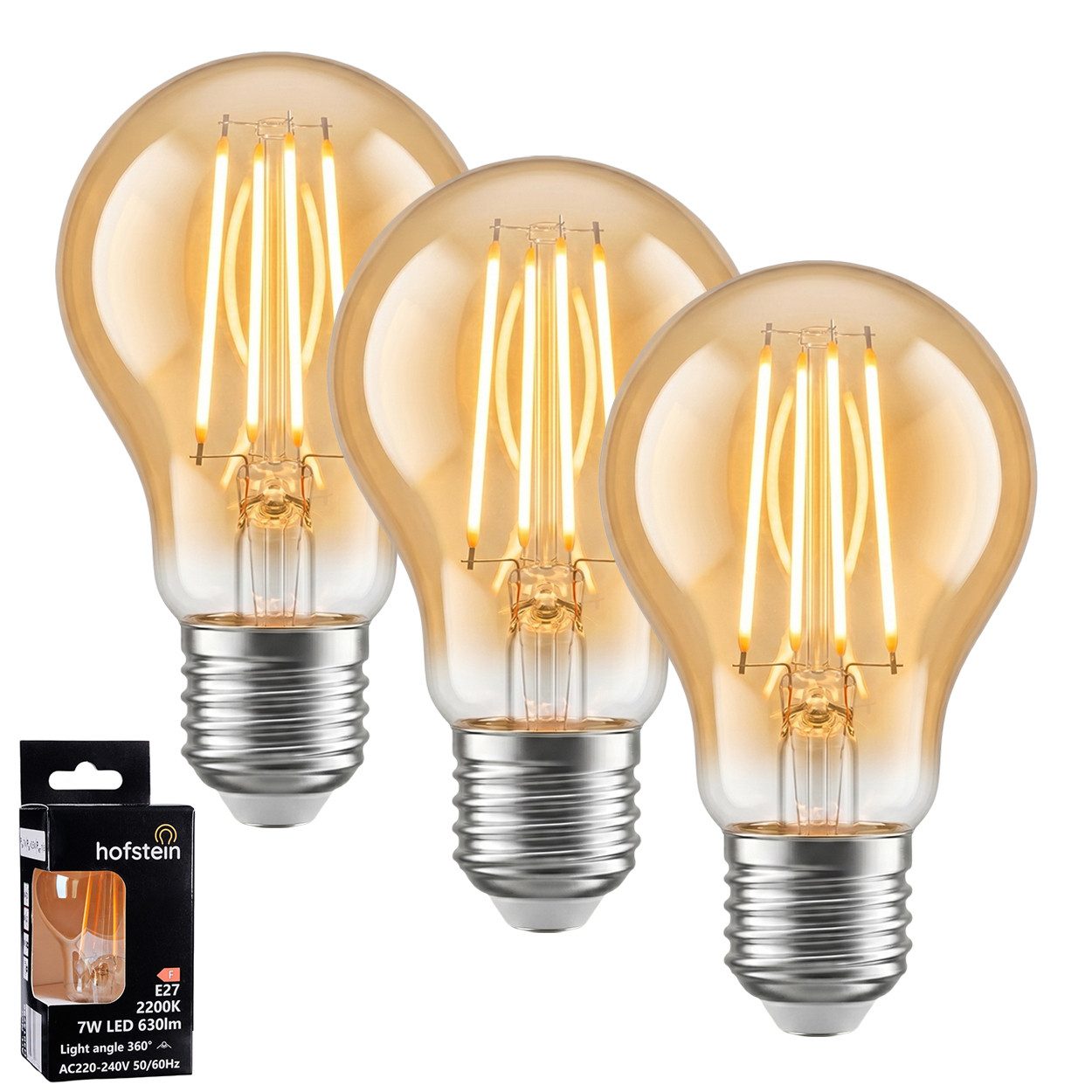 hofstein LED-Leuchtmittel 3er Set Glühbirne Extra Warmweiß 7 Watt 630 Lumen, E27, 2200 Kelvin, Klassisch, Filament, Amber