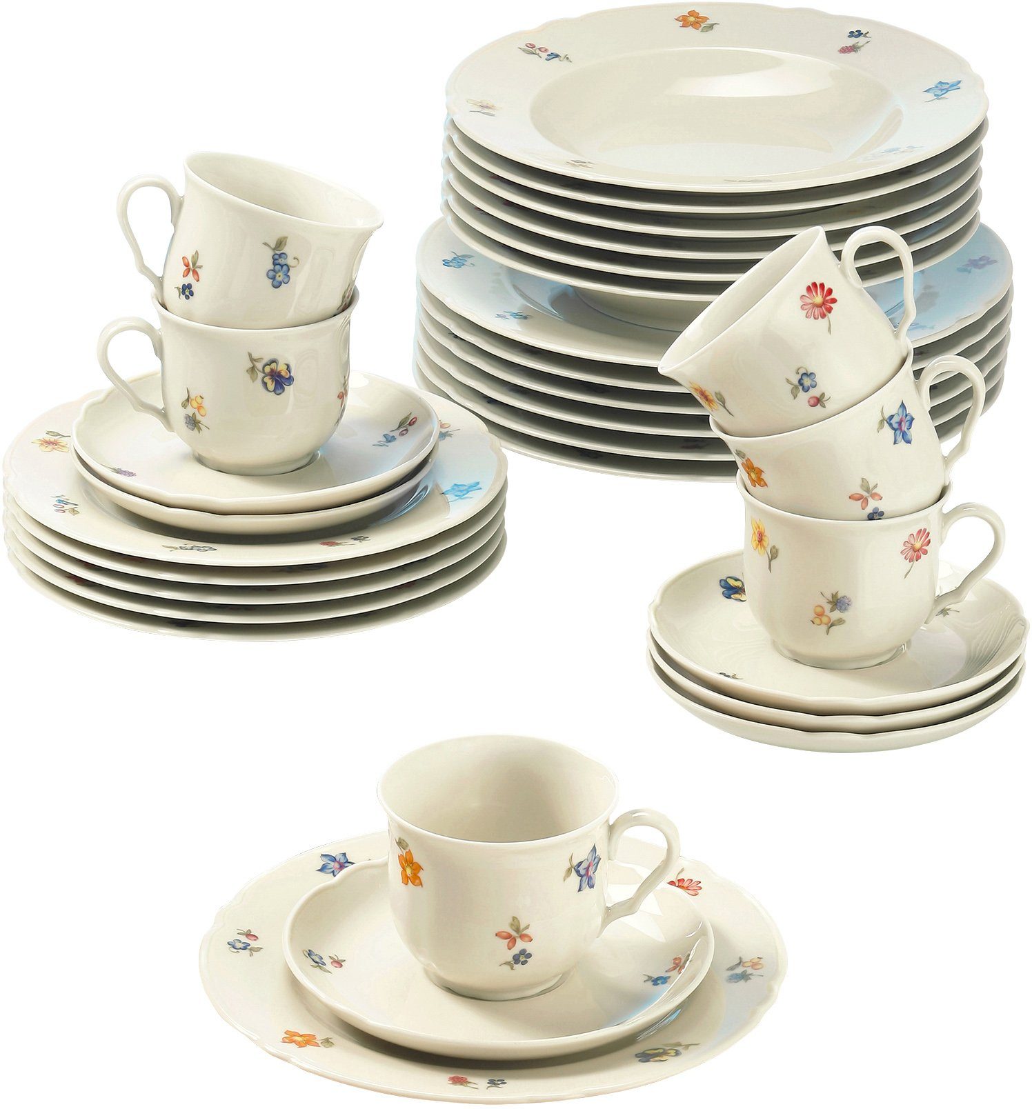 Seltmann Weiden Kombiservice Geschirr-Set, Service Marieluise (30-tlg), 6 Personen, Porzellan, Teller, Tassen, Untertassen, Made in Germany, 30 Teile, für 6 Personen