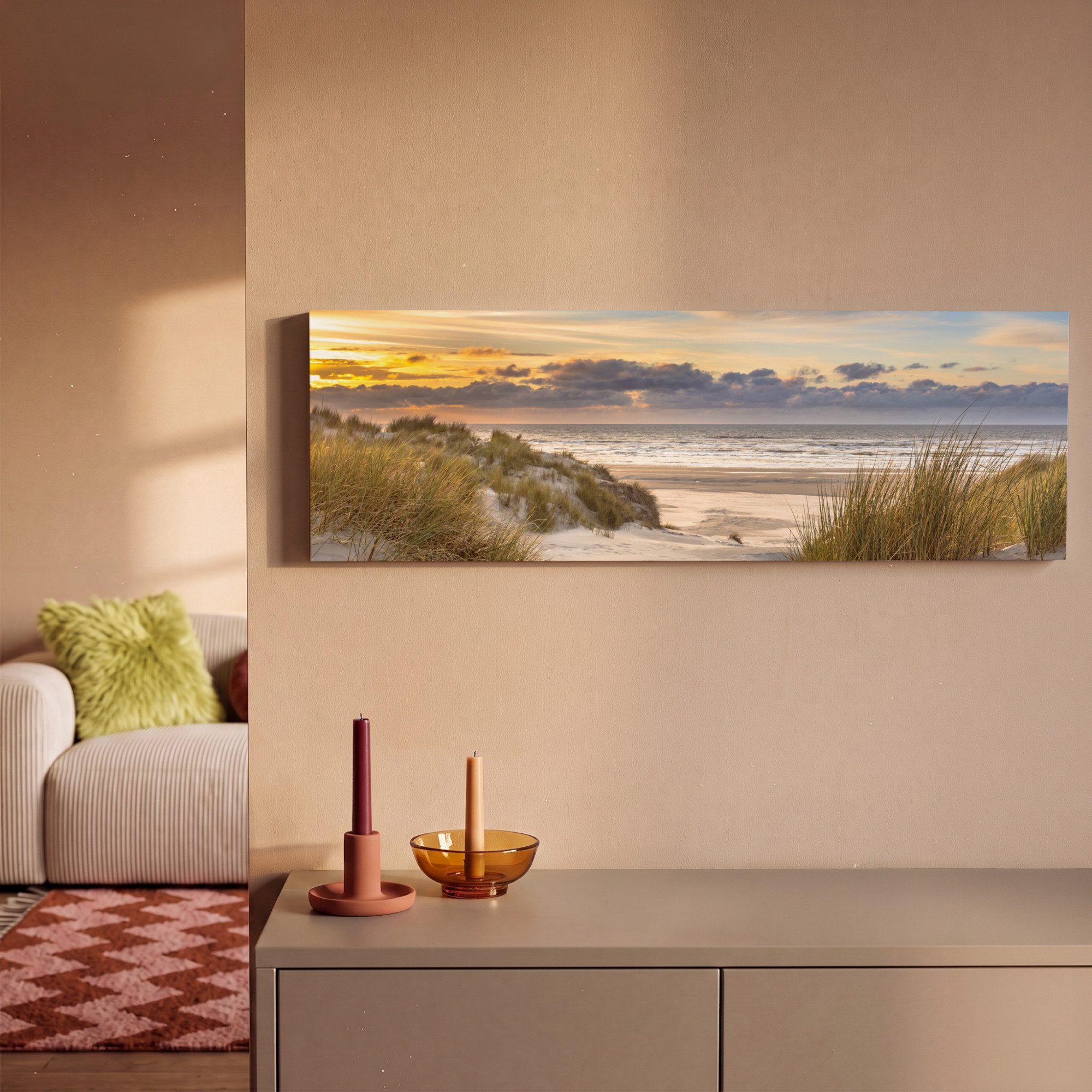 OneMillionCanvasses® Leinwandbild Panorama Strand - Düne - Gras - Sonnenuntergang - Meer, Fotodruck (1 St), Wandbild, Deko Schlafzimmer Wohnzimmer Flur 60x20 cm – Bild 2 von 5