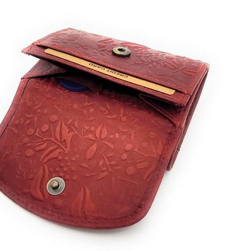 Hill Burry Mini Geldbörse echt Leder Damen Portemonnaie mit RFID Schutz, florale Prägung, kleiner Wickel-Geldbeutel, rot