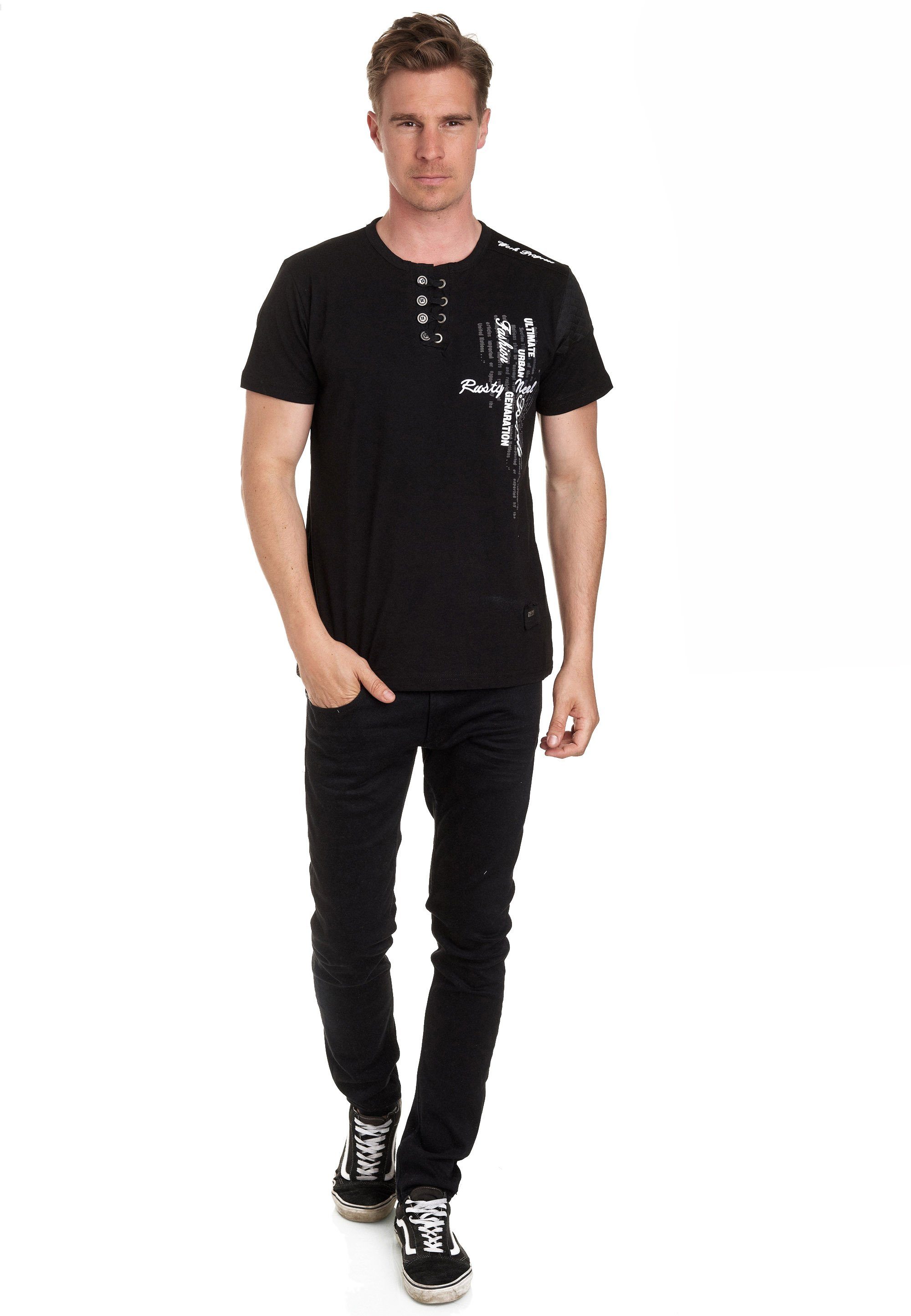 Rusty Neal T-Shirt mit schicker Knopfleiste schwarz