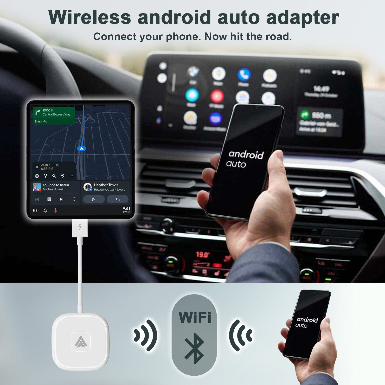 Bolwins C63C Wireless Carplay Adapter Dongle USB-C Adapter Auto System Radios Auto-Adapter USB-A / USB-C Stecker zu Android Auto Adapter, 14,5 cm, Kabellos Android Auto, Plug & Play, für Android Smartphones