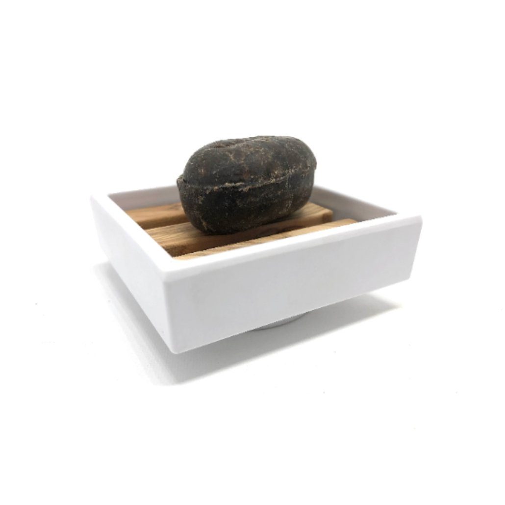 Olivenholz-erleben Seifenablage klein, quadratisch aus weißem Melamin, mit Einleger aus Olivenholz, Breite: 7,5 cm, 1-St., Natürlich schön – ein Blickfang mit mediterranem Charakter