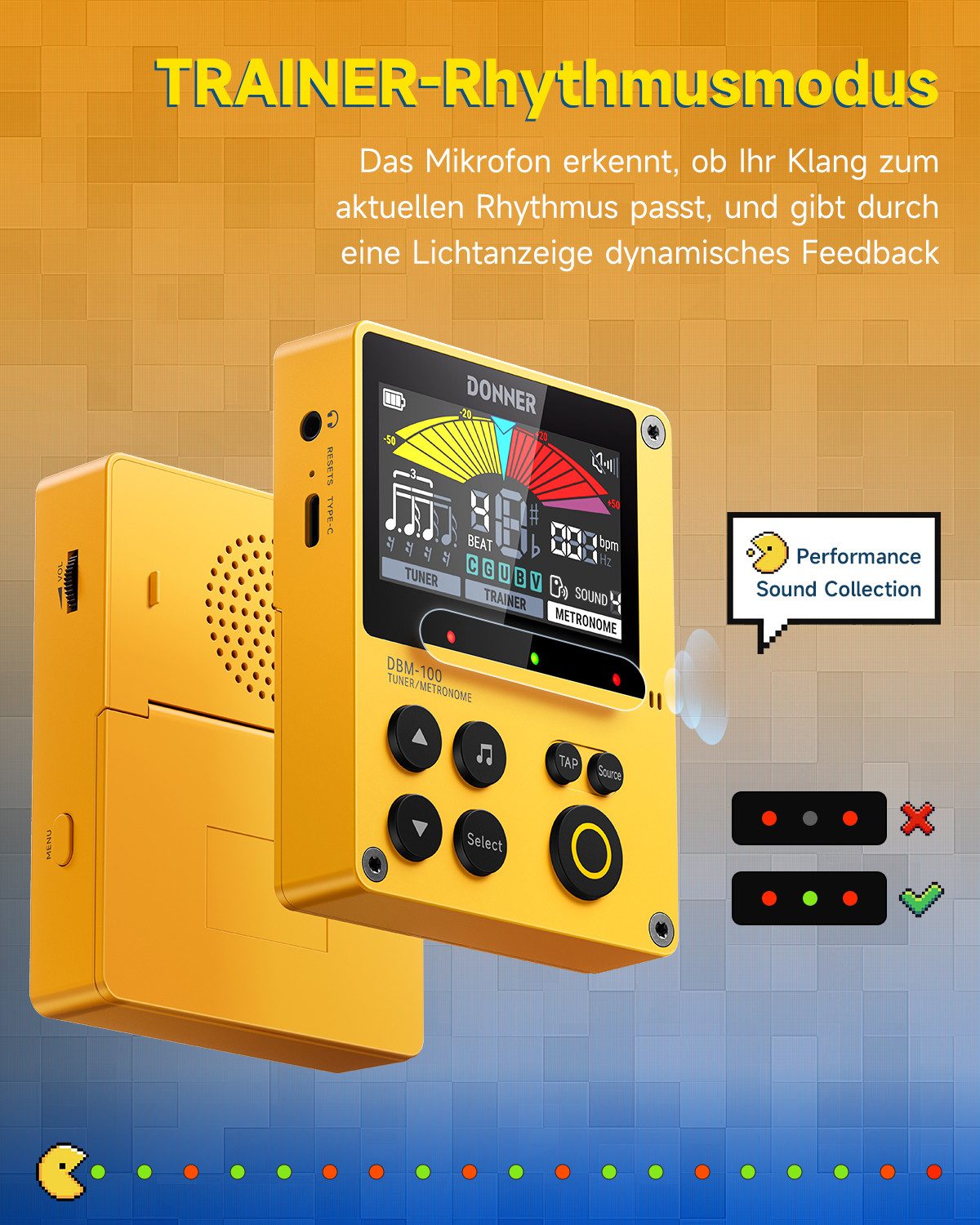 Donner Metronom Tuner Metronom LCD-Bildschirm Taschenformat für Gitarre, Bass, Ukulele, Kompakt, leicht, Lautstärkeregler, Kopfhöreranschluss, LCD-Display
