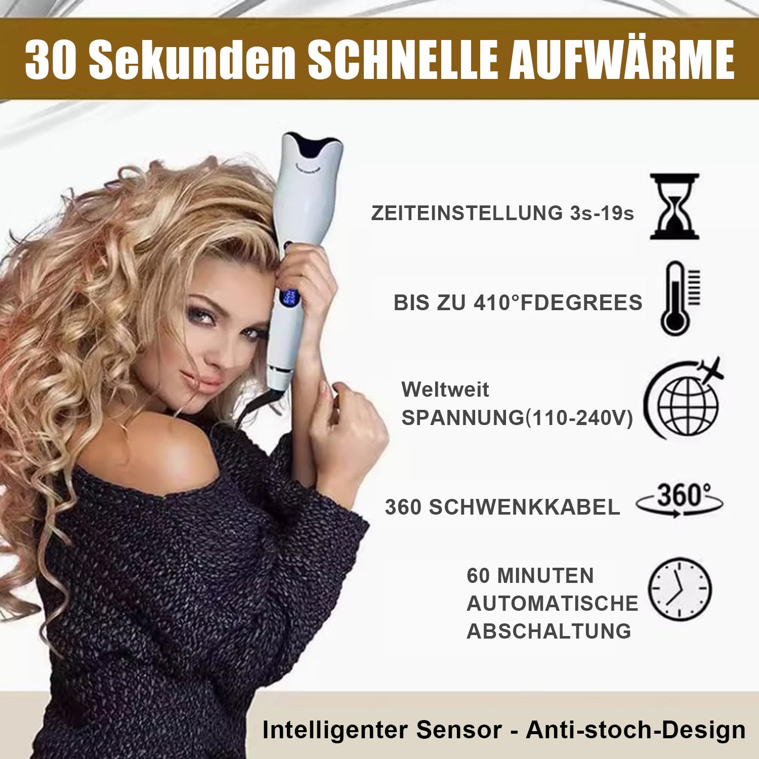 OKWISH Lockendreher Automatischer Lockenstab Rotierende Anti-Verbrühungs Lockenwickler, Keramik, LCD-Anzeige Intelligente Lockenstab Automatisch für Lange Haare