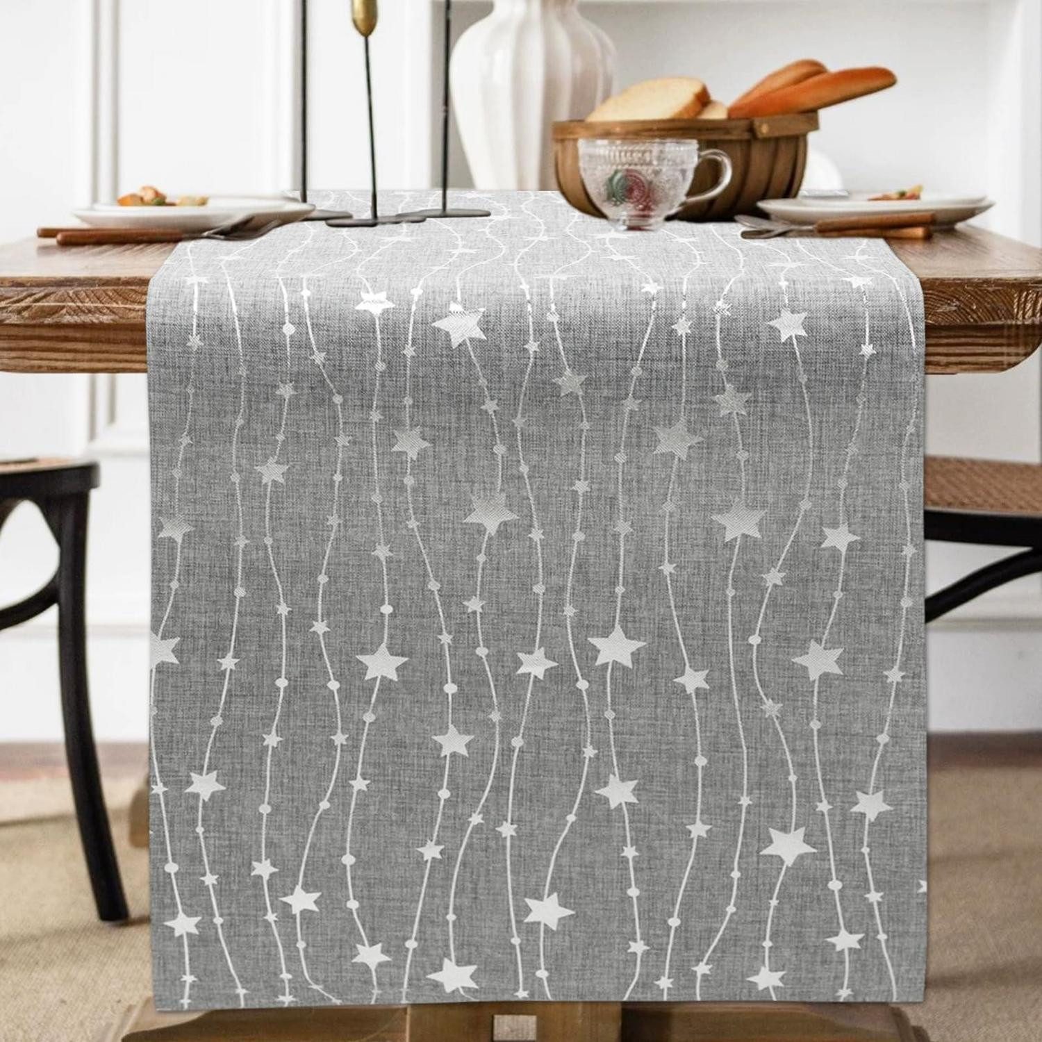 LuxusKollektion Tischläufer Tischläufer Weihnachten Sterne Silber 275x28cm (1-tlg)