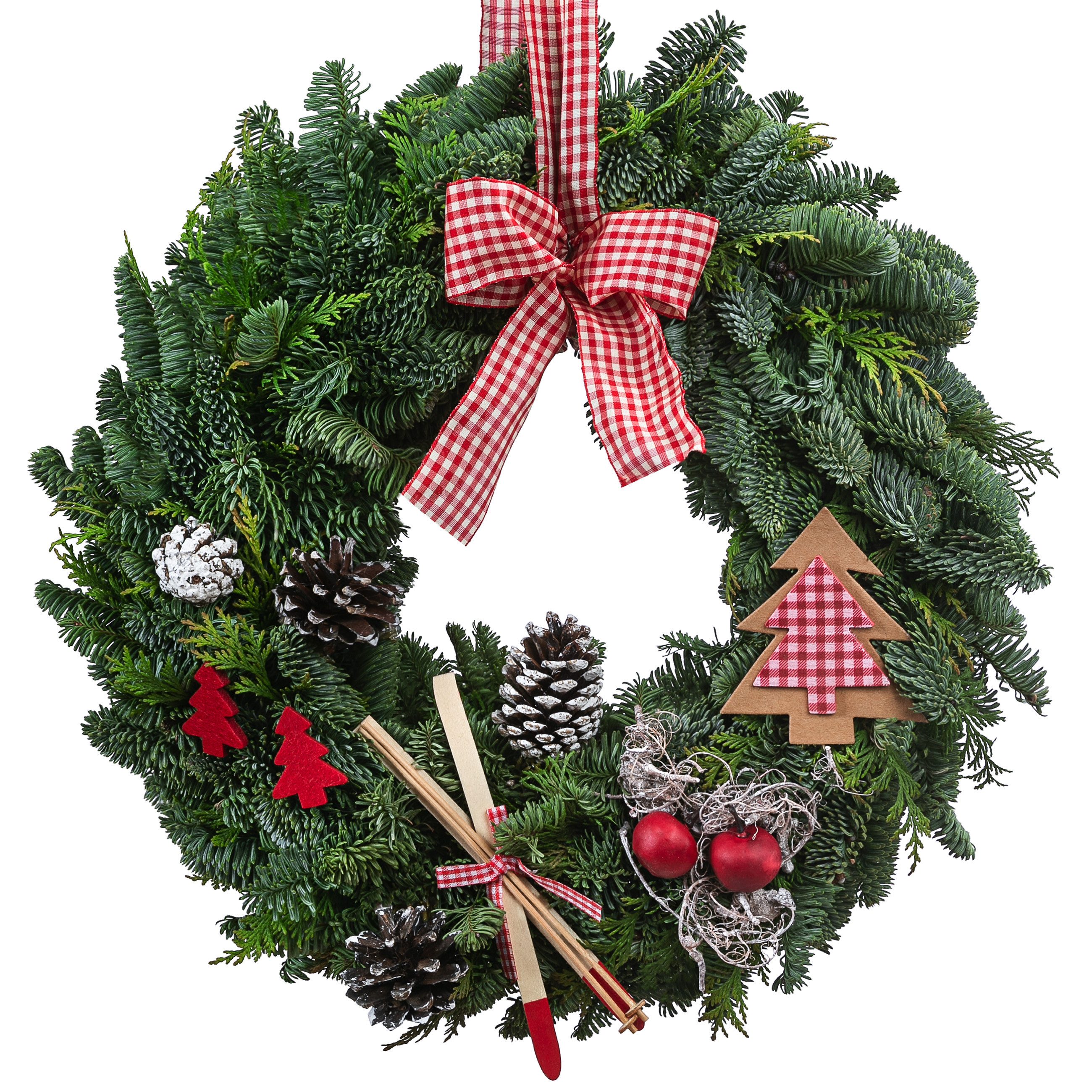 Dehner Adventskranz Türkranz Tux, einseitig gebunden, Ø 30 cm, H 10 cm, dunkelgrün / rot, handgefertigter Weihnachtskranz aus Koniferenzweigen