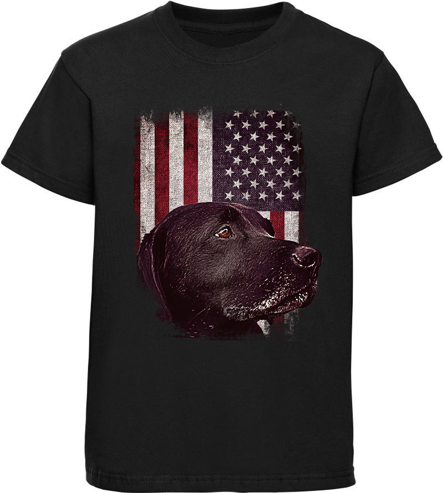 MyDesign24 T-Shirt Kinder Hunde Print Shirt bedruckt - schwarzer Labrador vor USA Flagge Baumwollshirt mit Aufdruck, i246