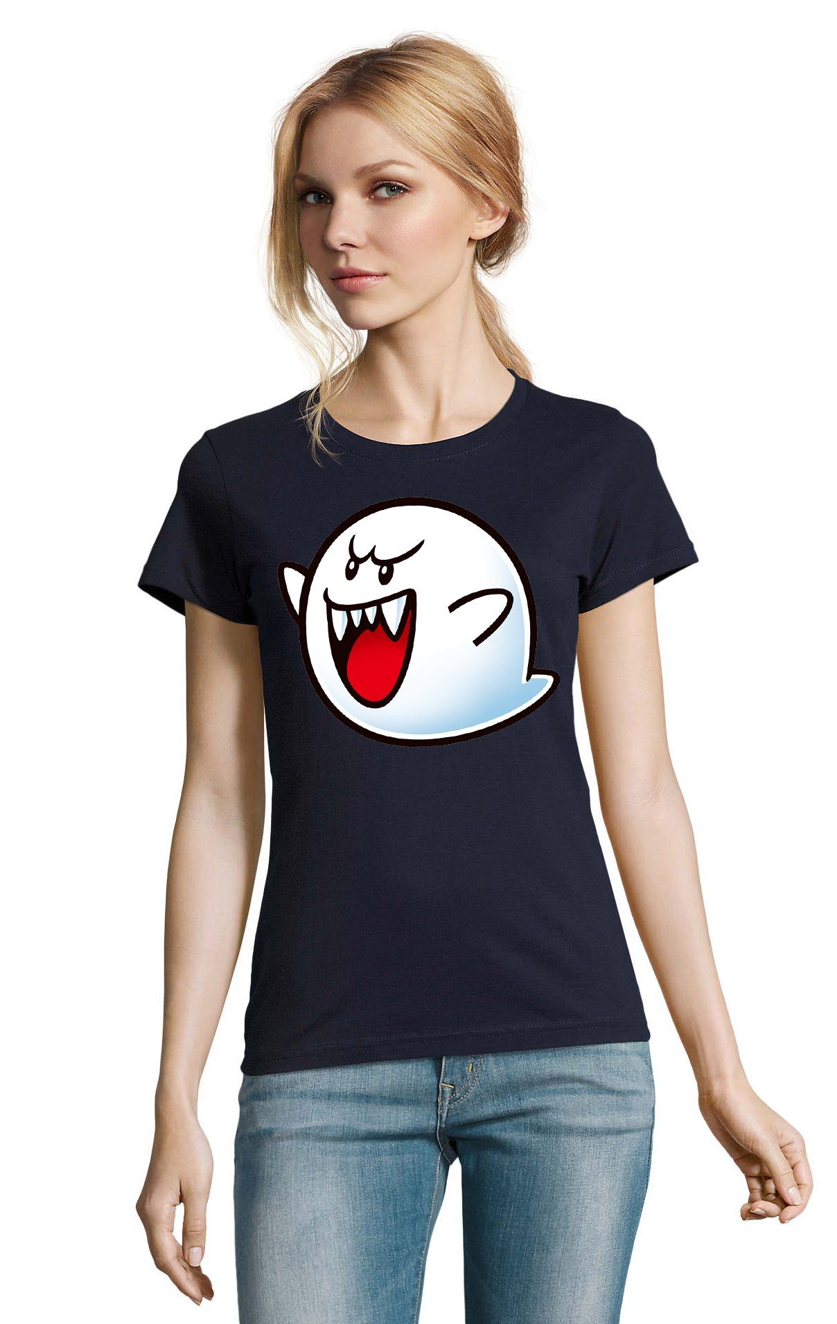 Blondie & Brownie T-Shirt Damen Konsole Mario Nintendo Gespenst Geist Navyblau Super Boo