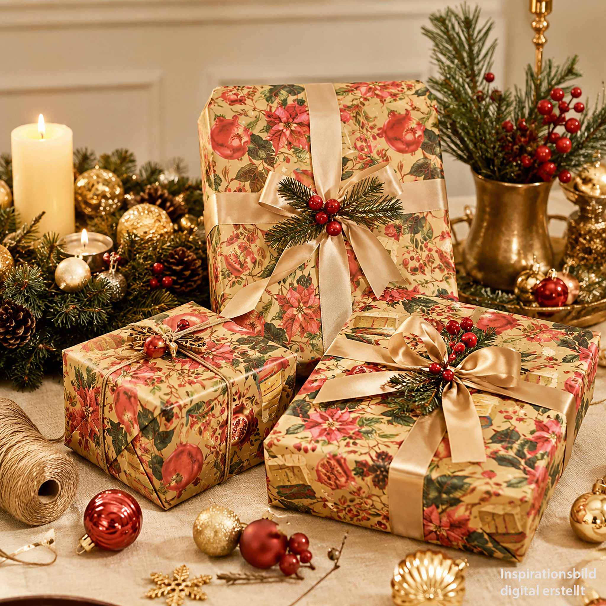 Star Geschenkpapier, Geschenkpapier Granatapfel 70cm x 2m Rolle Gold Rot Grün