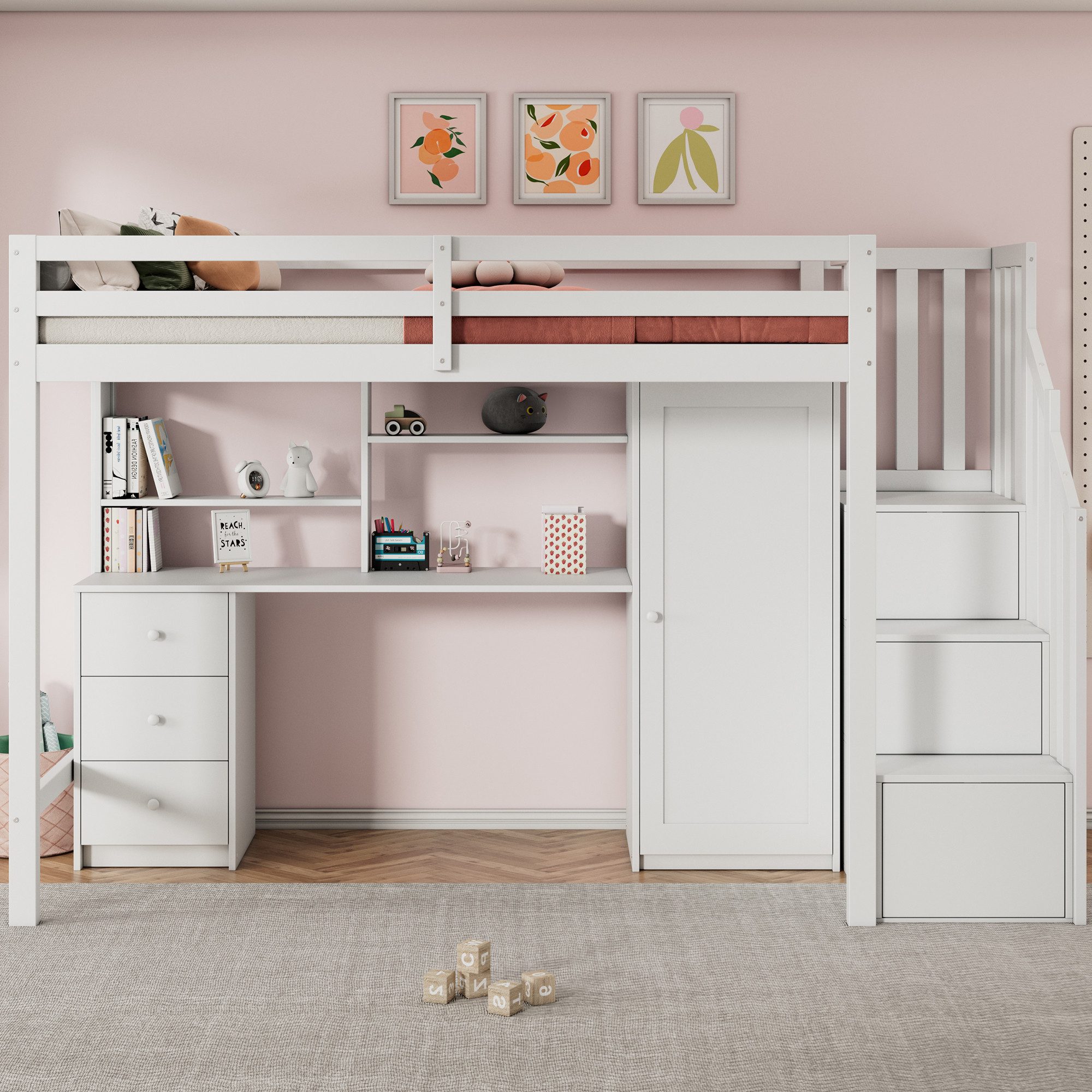 REDOM Etagenbett mit Aufbewahrungsschrank (Doppelbett, multifunktionales Kinderbett, 90*200, ohne Matratze, 3 Schubladen, 3 Treppenschränken), mit Treppe, Schreibtisch und Kleiderschrank