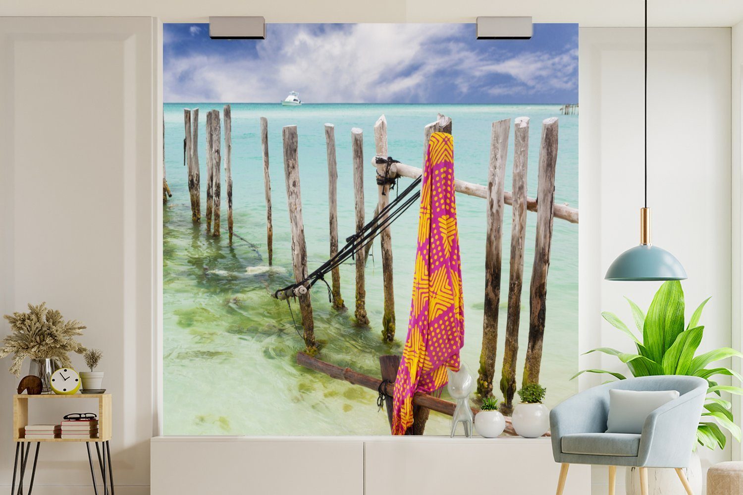 für im Holzpfähle Wandtapete der Insel Isla Meer Wohnzimmer oder Matt, MuchoWow Fototapete St), bedruckt, Tapete auf Mujeres, Karibischen Vinyl (5 Schlafzimmer,