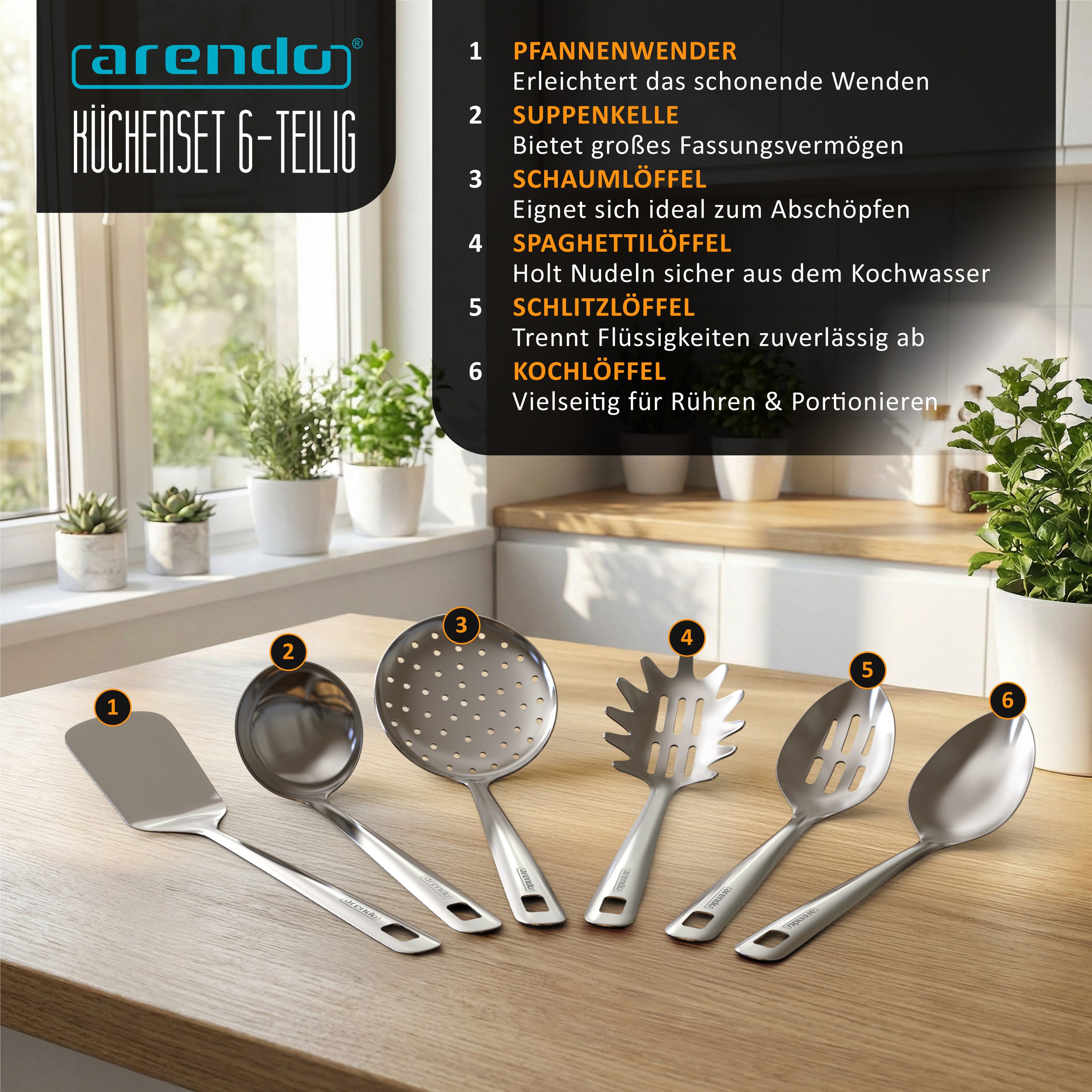 Arendo Kochbesteck-Set Küchenhelfer 6er Set, spülmaschinenfest, Edelstahl, hygienisch (Set, 6-tlg), hitzebeständig, rostfrei, nahtlos, spülmaschinengeeignet, Aufhängeöse