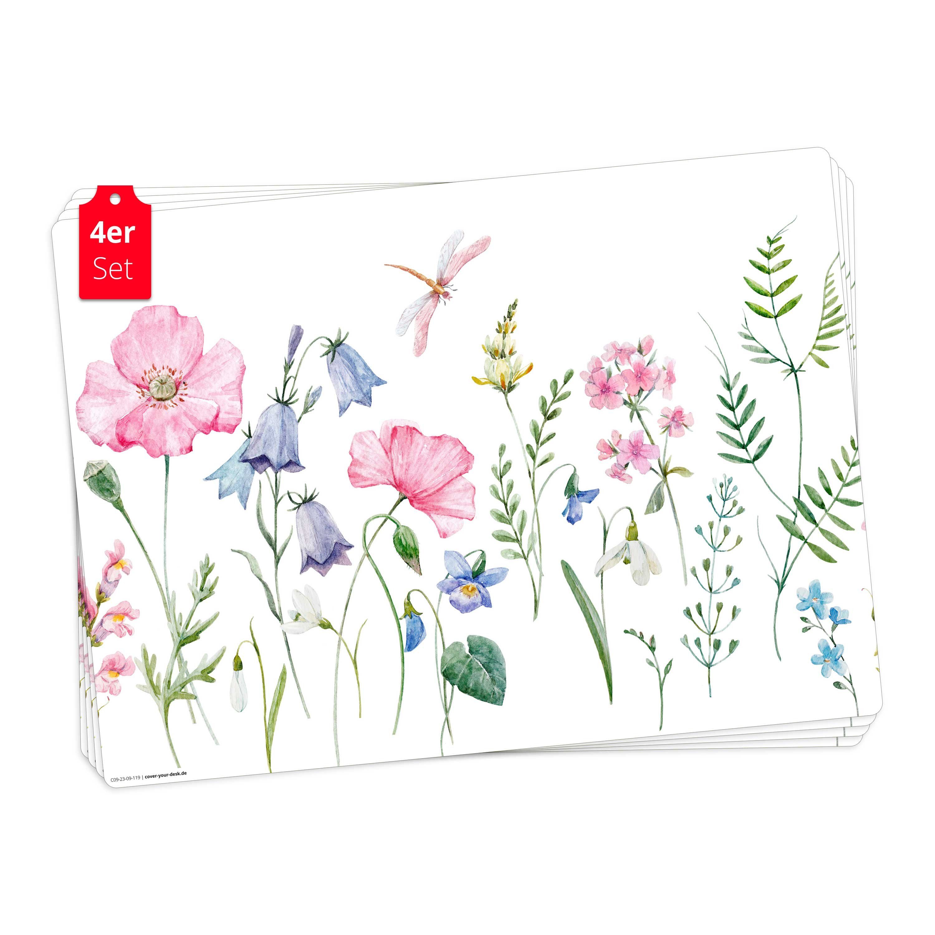 Platzset, Tischset, Platzset abwaschbar - Blumenwiese Aquarell rosa, Tischsetmacher, (aus erstklassigem Vinyl, 4-St., 44 x 32 cm / bunt), Made in Germany