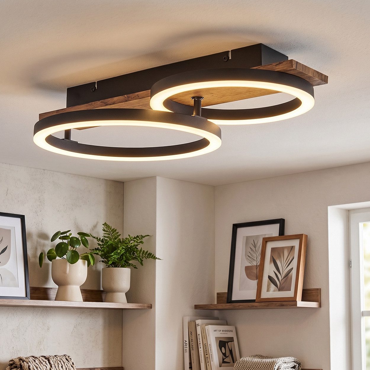 hofstein Deckenleuchte Deckenlampe aus Metall/Holz/Kunststoff in Schwarz/Braun/Weiß, 3000 Kelvin, Deckenleuchte im modernen Design, 18 Watt, 3000 Kelvin – Bild 3 von 5
