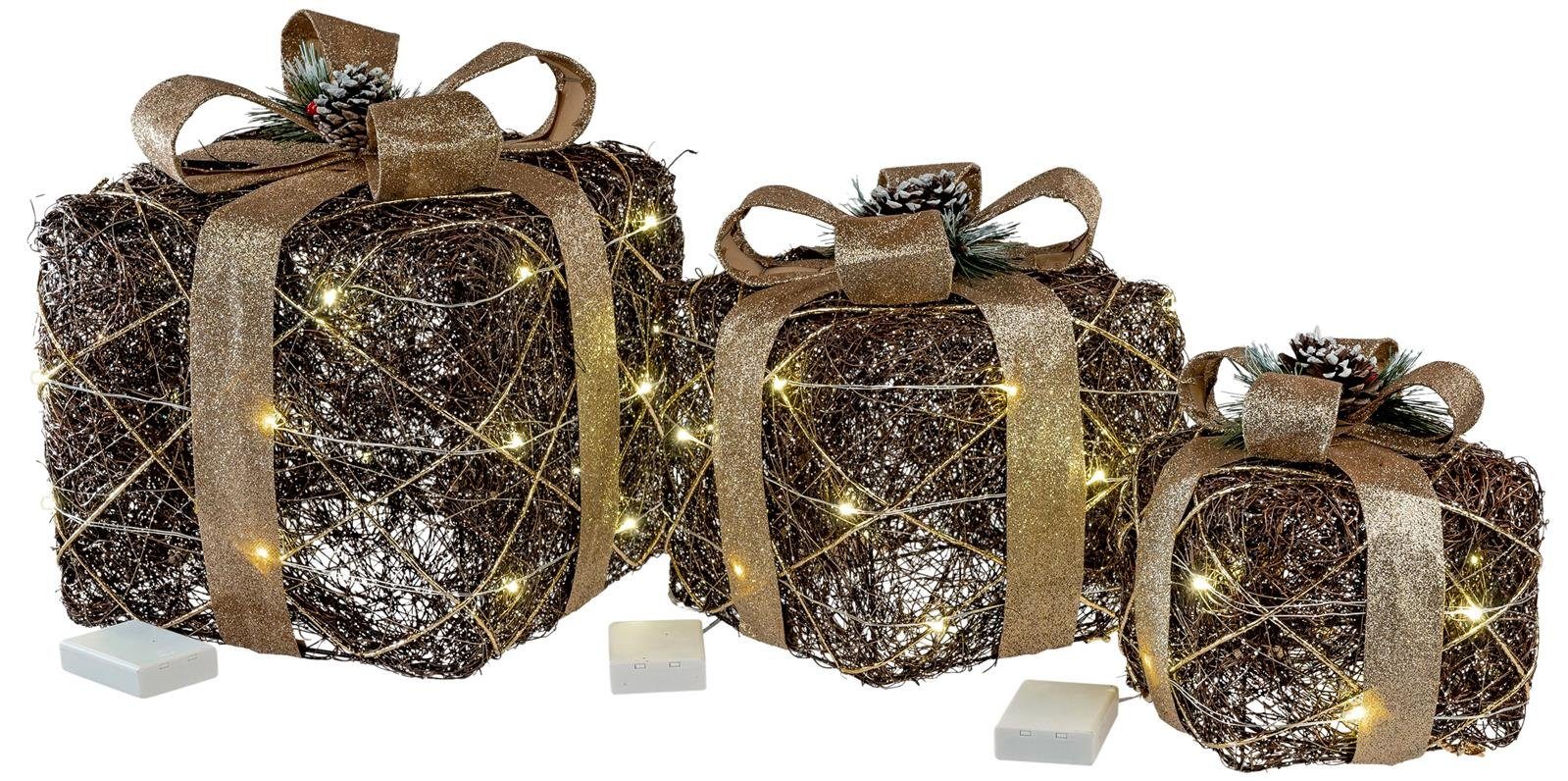 dekojohnson Weihnachtsfigur »LED Geschenkboxen mit Schleife gold schwarz 3  TLG.« online kaufen | OTTO
