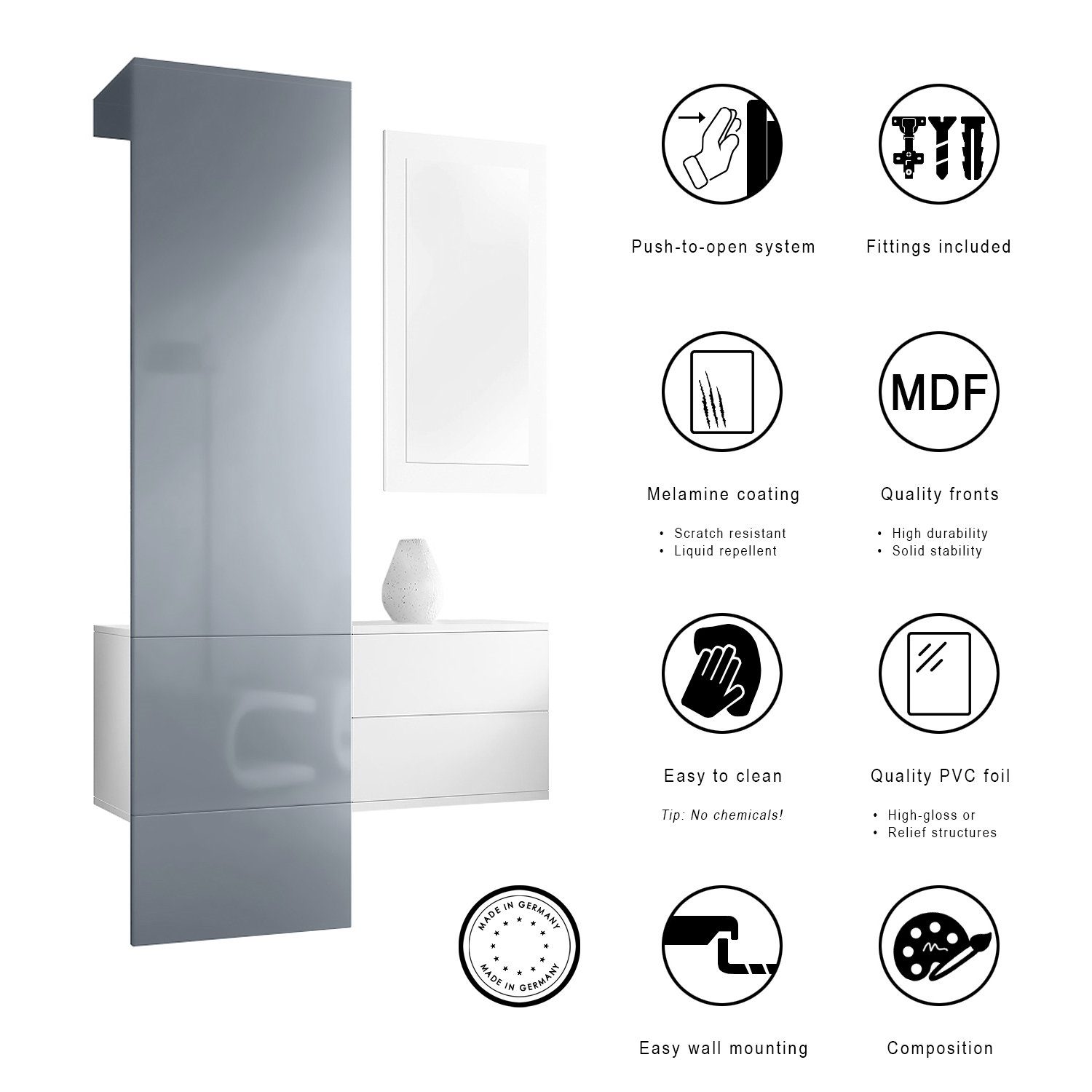 Vladon Garderoben-Set Carlton Set 2, (Wandgarderobe bestehend aus, ​ 1 Paneel, 1 Schubkastenschrank und 1 Wandspiegel), Weiß matt/Beton Oxid Optik (105 x 193 x 35 cm)