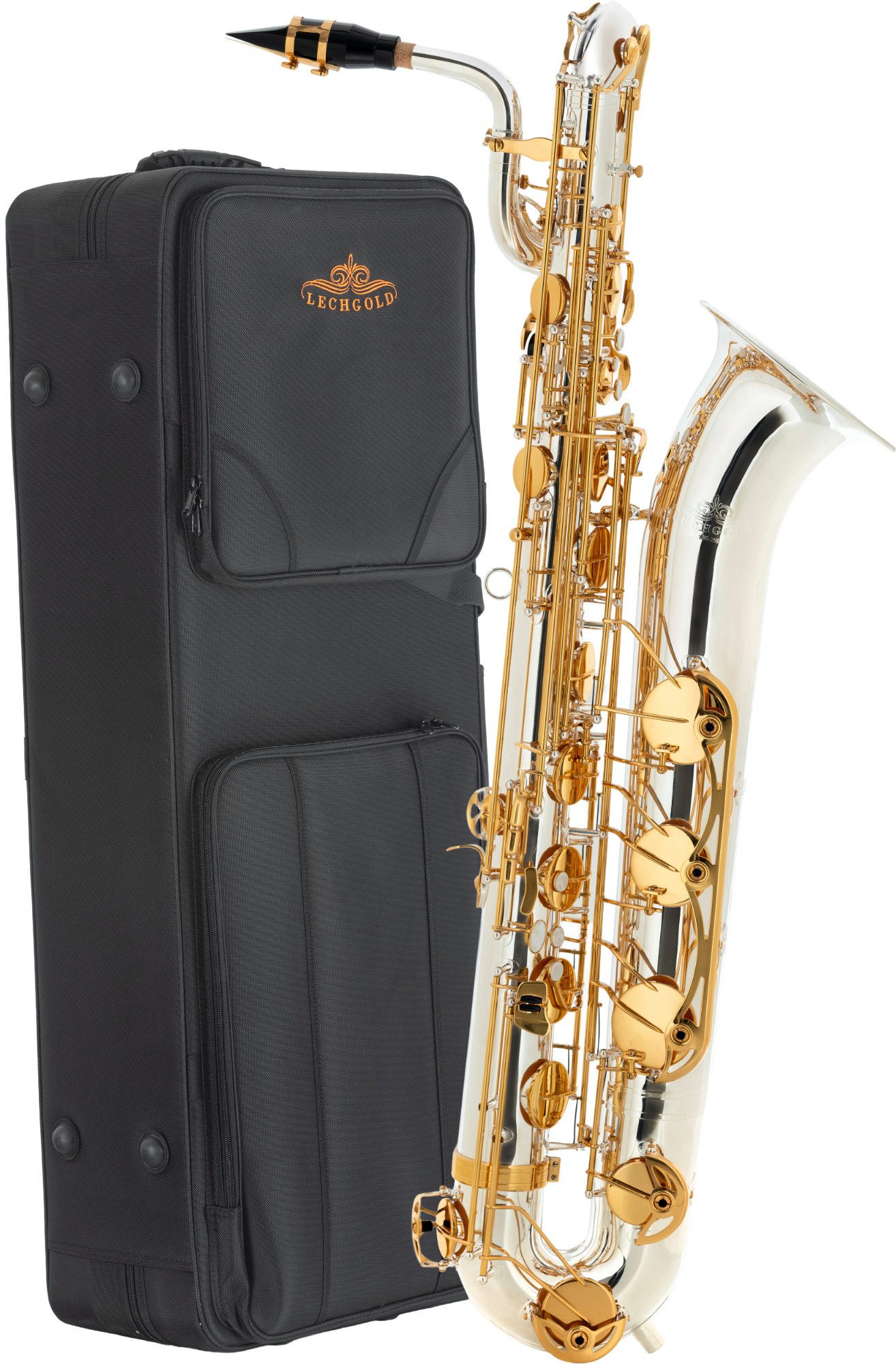 Lechgold Saxophon LBS-25 Baritonsax SET - Mit edlem Finish!, Spar-Set, 8-St., Hoch Fis-Klappe, Tief A-Klappe, C# - Bb Wippe für die linke Hand, Stimmung: Eb