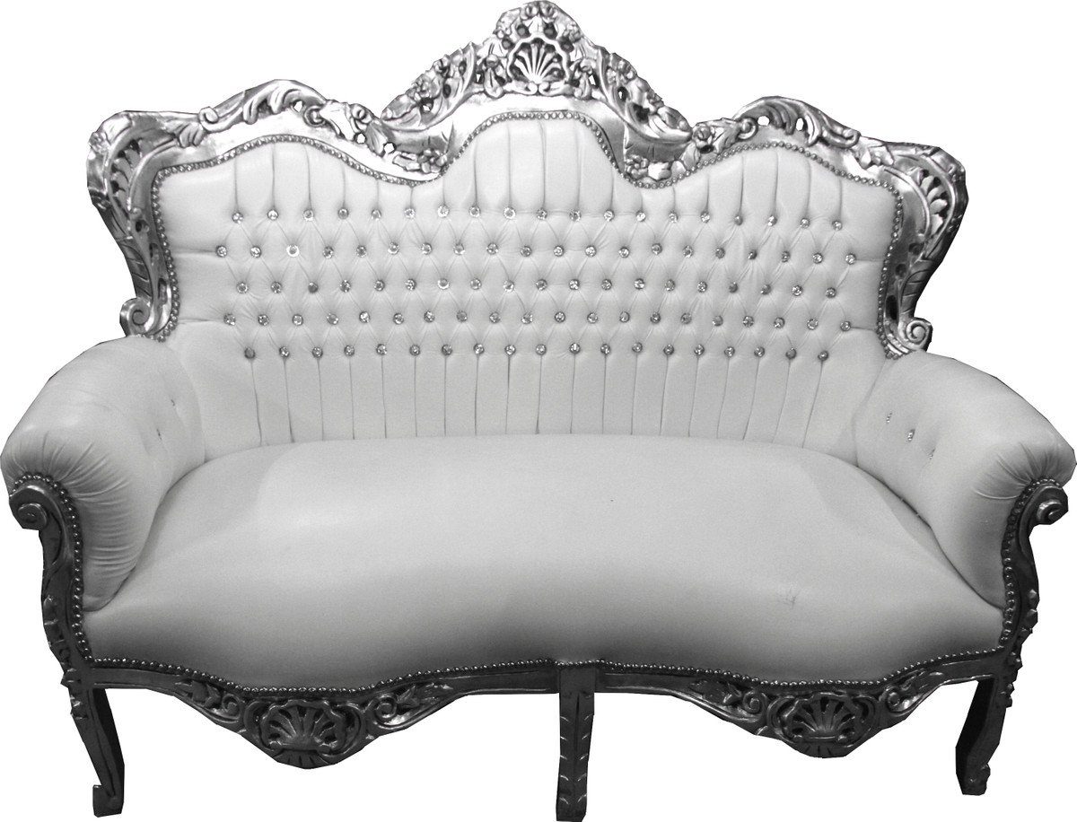 Barock Silber Lounge Sofa Couch Casa Padrino Wohnzimmer 2-er King Möbel - Bling Glitzersteinen Weiß 2-Sitzer / Bling Lederoptik mit