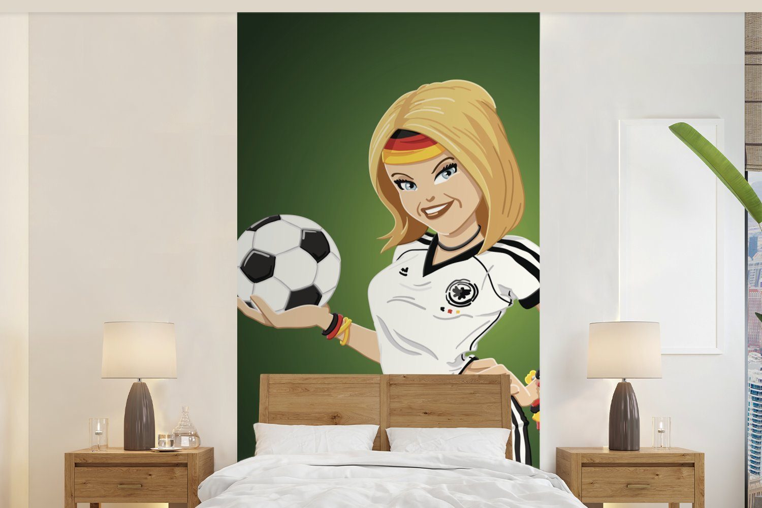 Fototapete Wohnzimmer Fußball bedruckt, und MuchoWow für Vliestapete -, eines Fototapete Matt, St), mit deutscher (2 einem Küche, Mädchens Schlafzimmer Illustration Kleidung