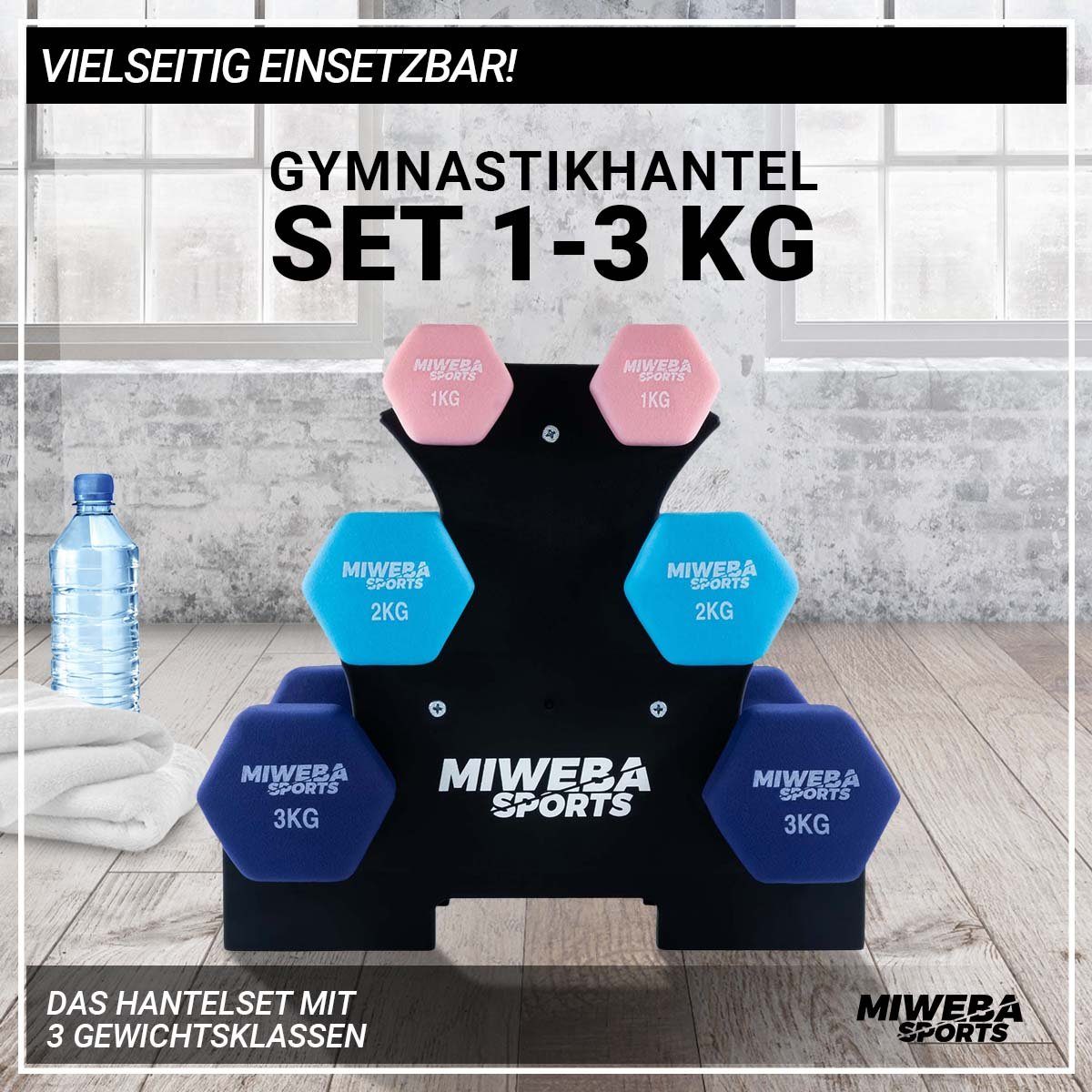 Miweba Sports Hantel-Set Premium Gymnastikhantel-Set NKH120 inkl. Hantelablage, (rutschfest - Fitness Sport Muskelaufbau Training Hantel Set Kurzhantelset Kettlebell Set, 3 Farben, Neopren, Hexagon-Form, 1 kg - 2 kg - 3 kg), Kurzhantel Aerobic Hantel Set Fitnesshanteln Gewichte