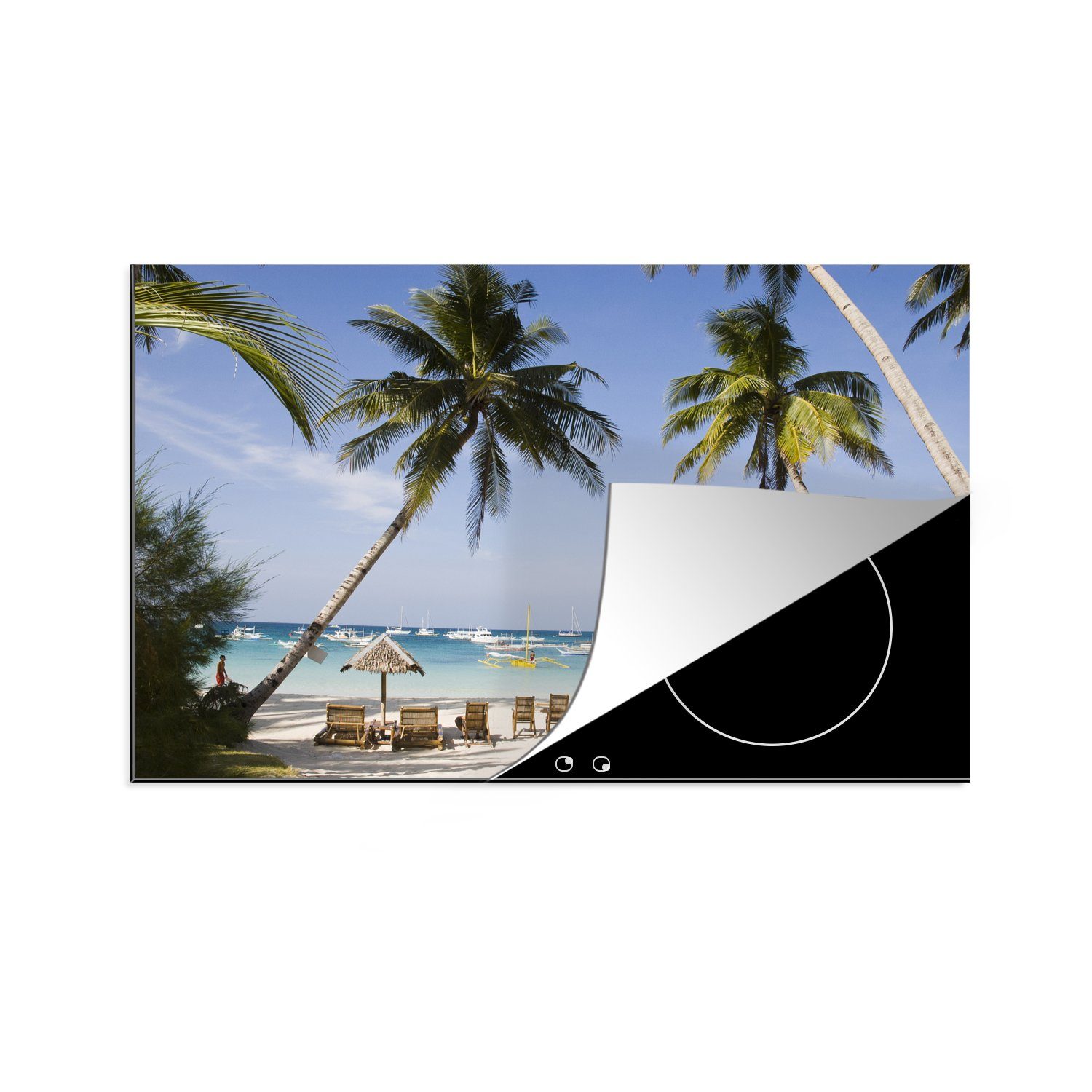 MuchoWow Herdblende-/Abdeckplatte Palmen und Liegestühle am Strand von Boracay, Vinyl, (1 tlg), 81x52 cm, Induktionskochfeld Schutz für die küche, Ceranfeldabdeckung