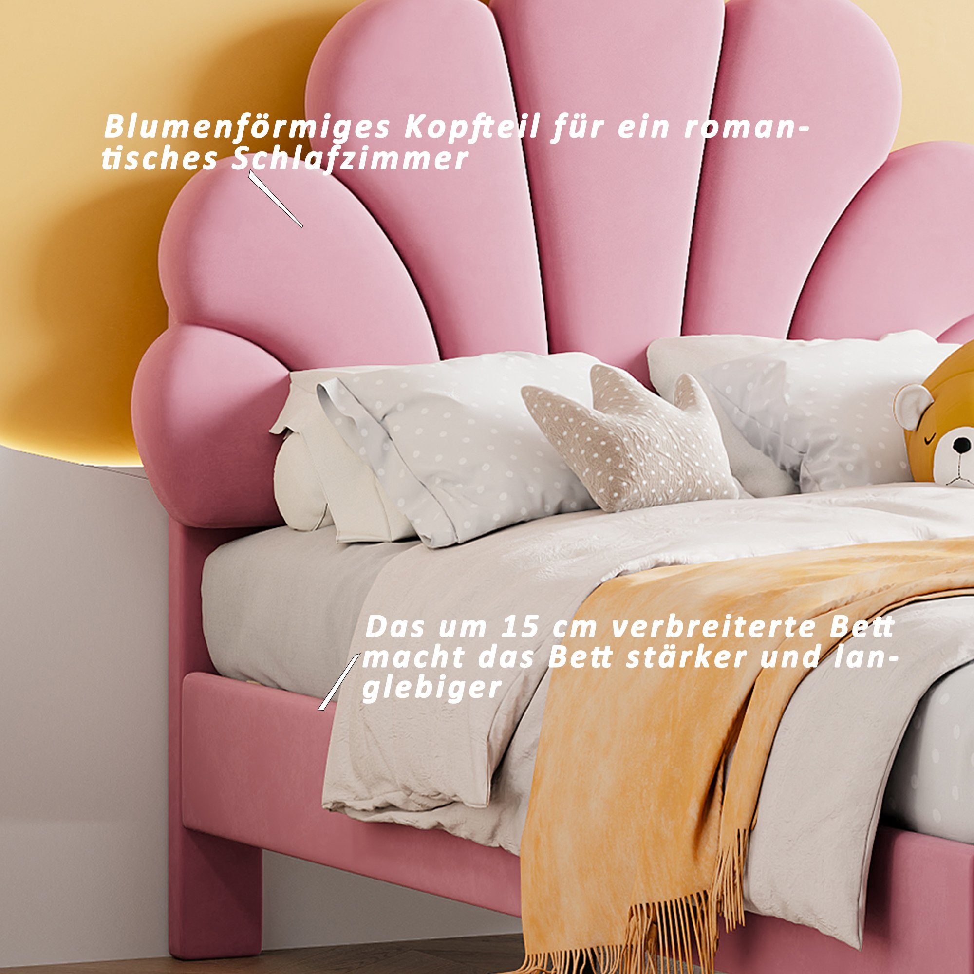 Polsterbett (Einzelbett), Kinderbett mit Blumenform-Kopfteil, Samt, 90x200cm