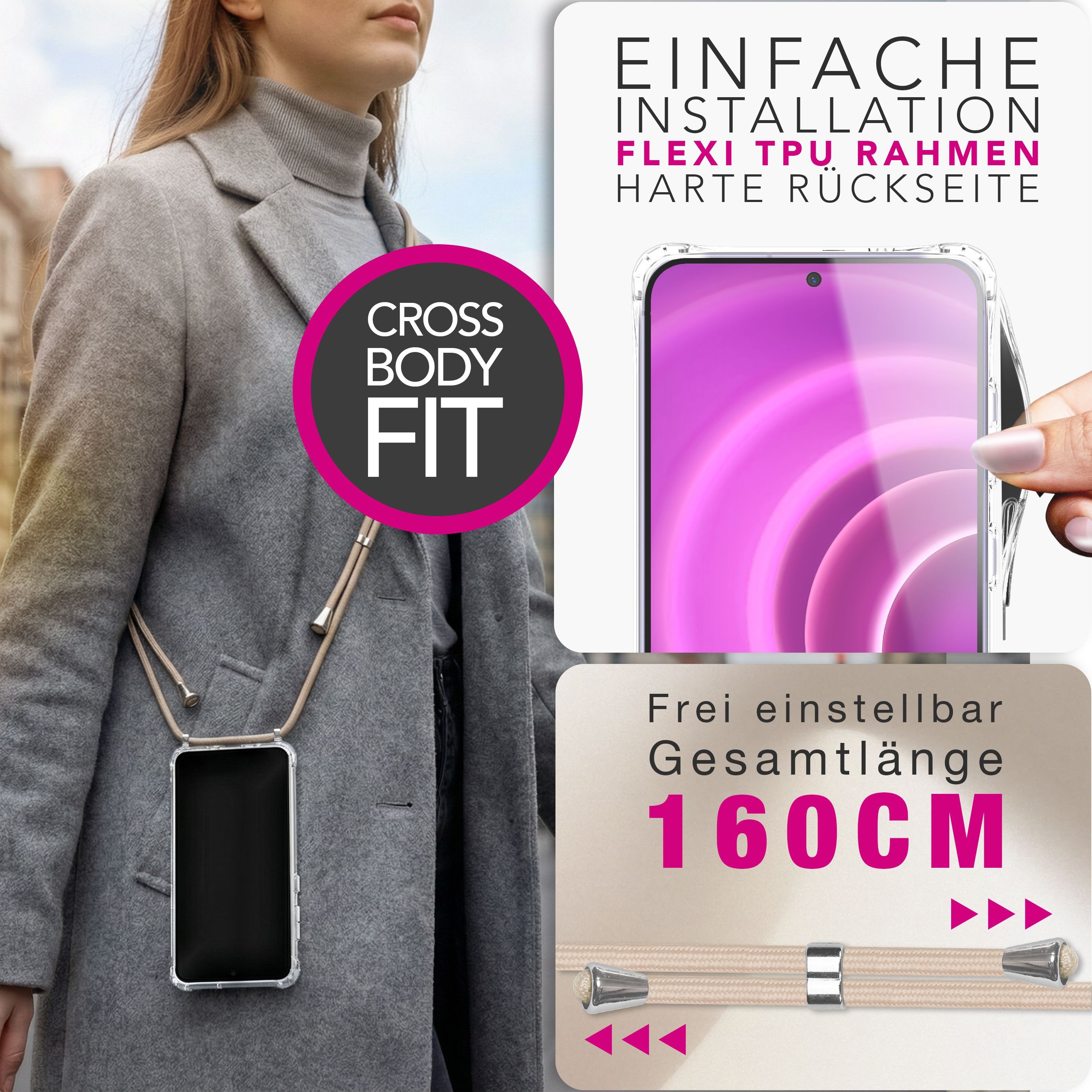 Nalia Smartphone-Hülle Samsung Galaxy A57, HANGIT PRO Case zum Umhängen - Transparent, 160cm Band & Anti-Gelb