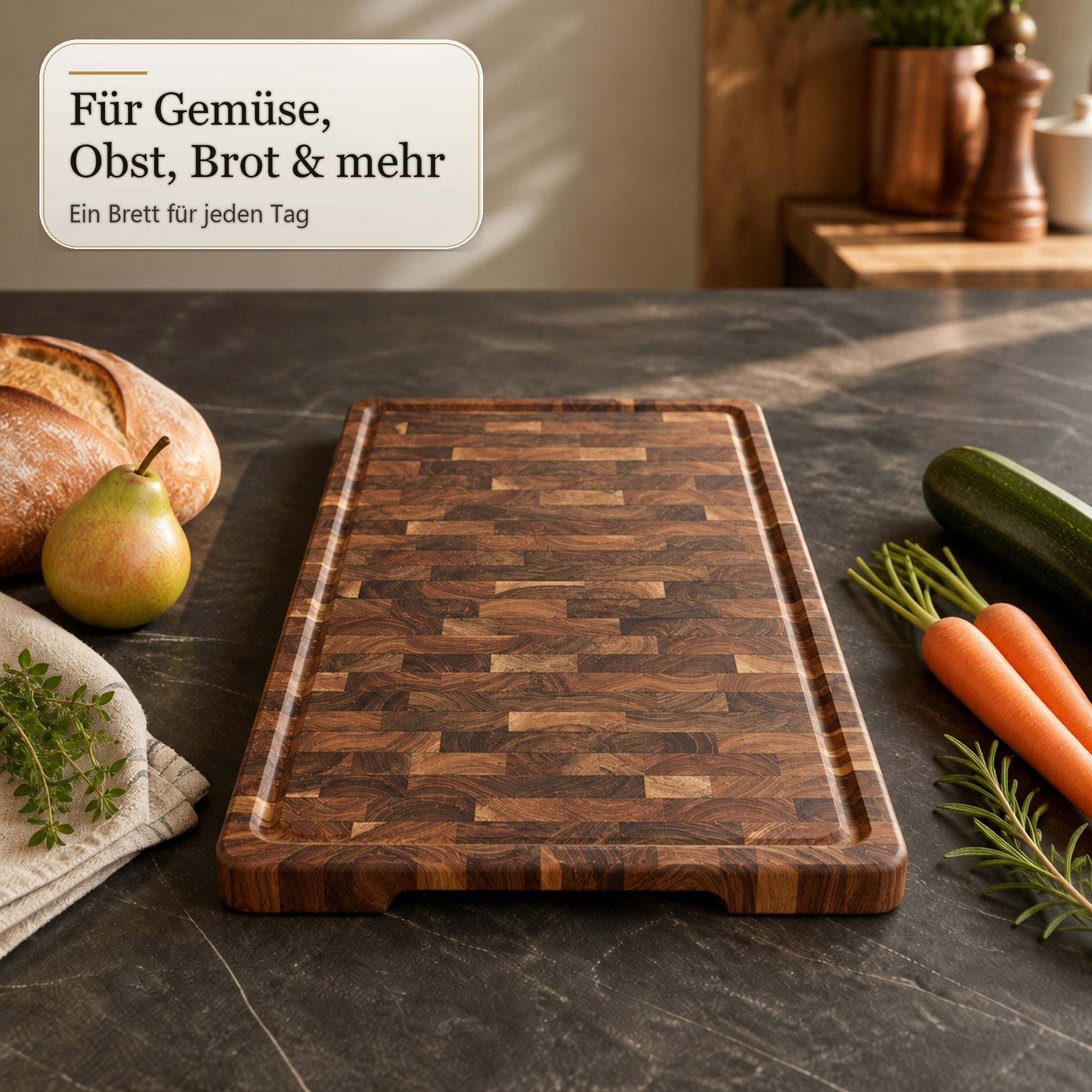 Floordirekt Schneidebrett Teak Royal Endgrain massives Teakholz mit Saftrille Griffmulden, (Einzelartikel, 1-teilig), Endgrain-Verarbeitung – Bild 4 von 5