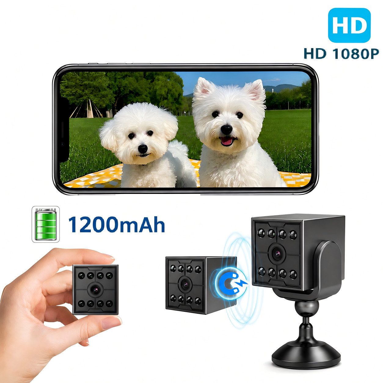 Toomoke Überwachungskamera Mini WLAN Kamera, Innenkamera, Haustierkamera, Babykamera (WiFi Sicherheitskamera mit Nachtsicht, Bewegungserkennung und App, mit 1080P Infrarot-Nachtsicht,1200mah)