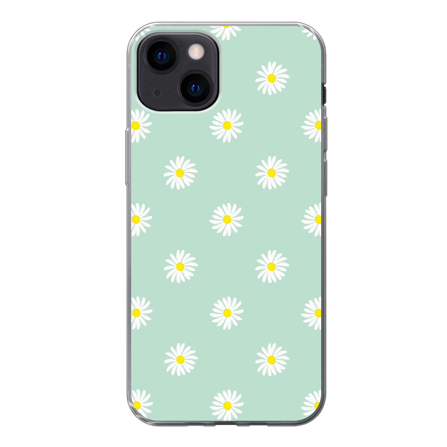MuchoWow Handyhülle für Apple iPhone 13 Gänseblümchen - Pastell - Weiß - Grün - Florales M, Smartphone-Bumper, Print, Handy Schutzhülle Dünn