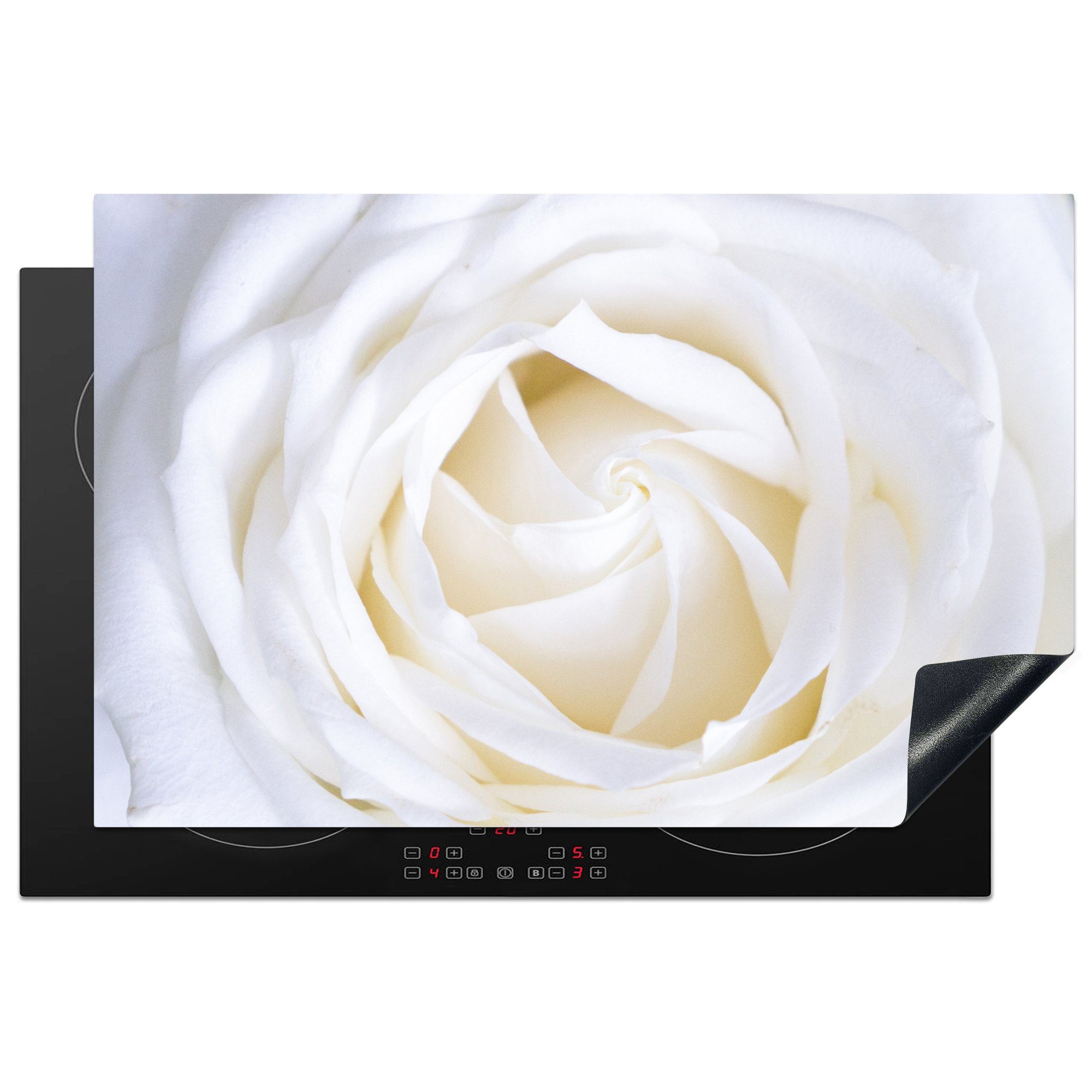 MuchoWow Herdblende-/Abdeckplatte Rose - Weiß - Blume, Vinyl, (1 tlg), 81x52 cm, Induktionskochfeld Schutz für die küche, Ceranfeldabdeckung
