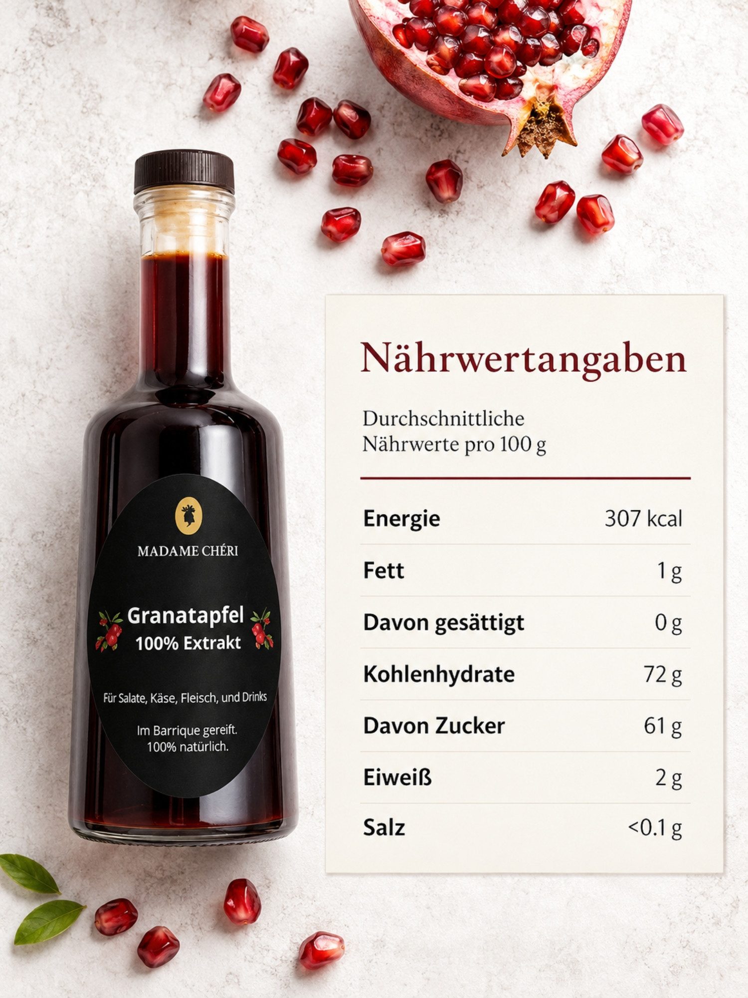 Madame Chéri Sirup Madame Chéri Granatapfelextrakt 100% Natur, 250 ml, 100% Granatapfel, im Barrique gereift, vegan unvergleichlich intensiv