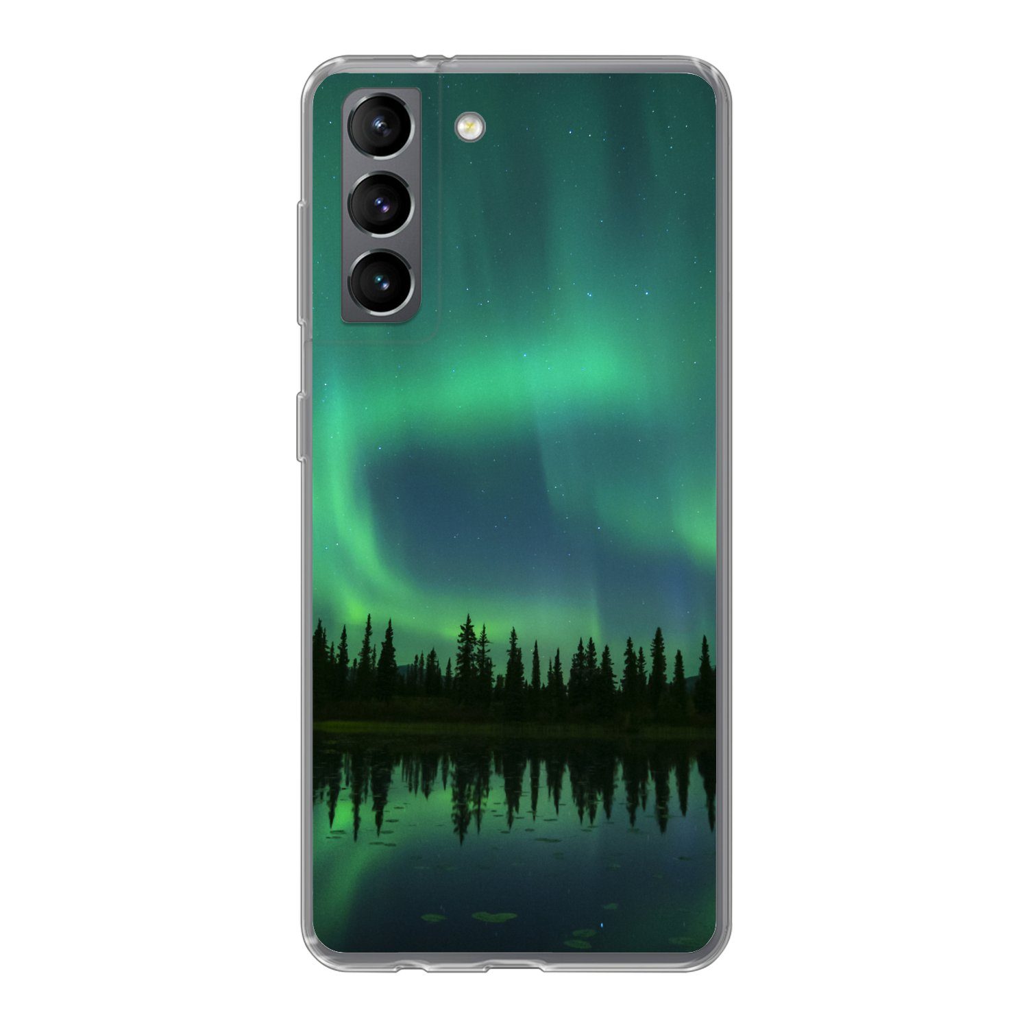 MuchoWow Handyhülle für Samsung Galaxy S21 Nordlicht - Bäume - Wasser - Alaska, Phone Case, Silikon, Schutzhülle Dünn