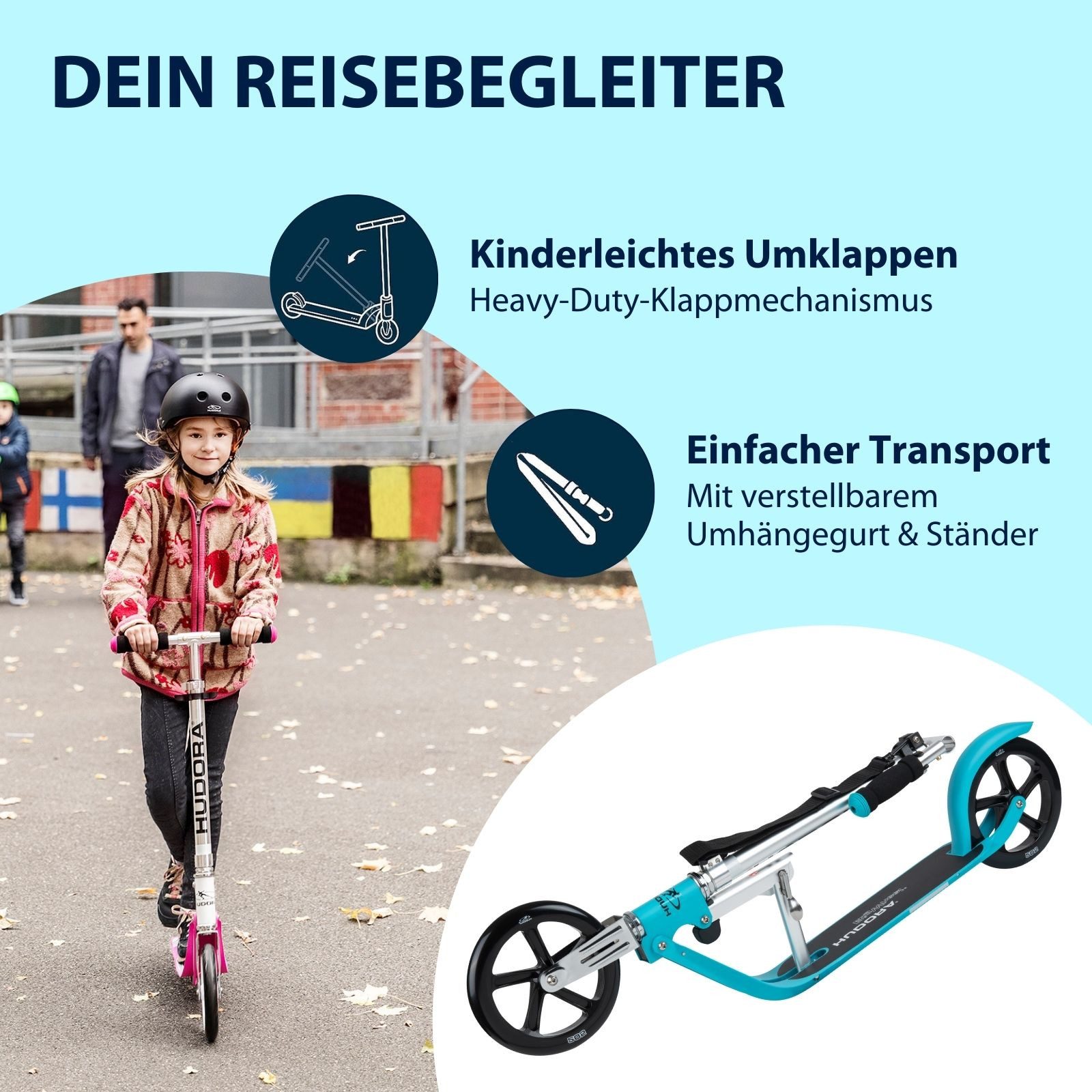Hudora Cityroller BigWheel® 205 Tretroller - Höhenverstellbar & zusammenklappbar, (Kinder- & Erwachsenenroller für bis zu 100kg - Tretroller mit Ständer, Stabiler Aluminium-Roller), einklappbarer, höhenverstellbarer Kick-Scooter