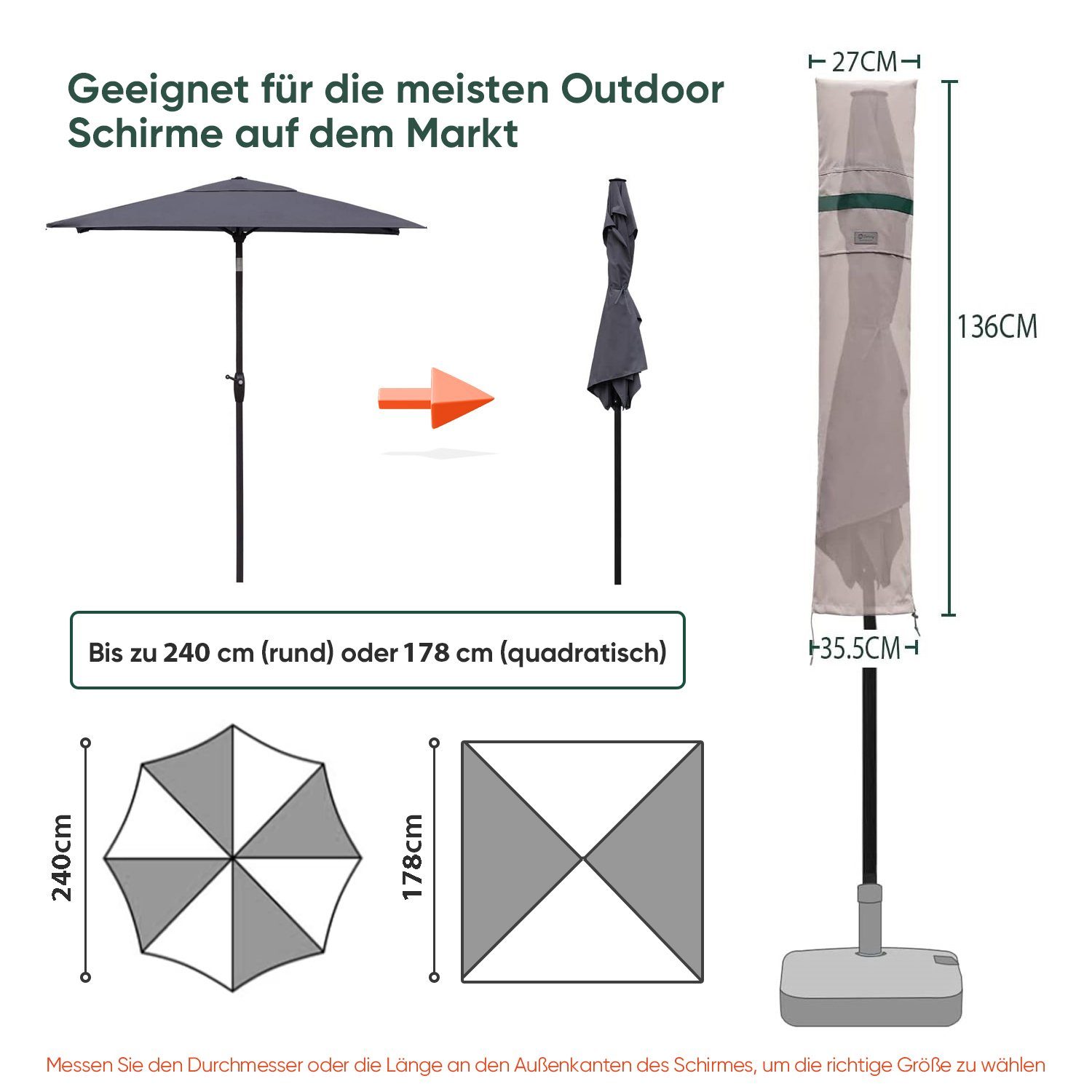 cm, Sonnenschirme bis bis Khaki Sekey Stab Balkonschirm 200 Sonnenschirme mit 240 cm 178 cm, Sonnenschirm-Schutzhülle eckige für Abdeckhauben Reißverschluss, zu bis Ø und Ø zu