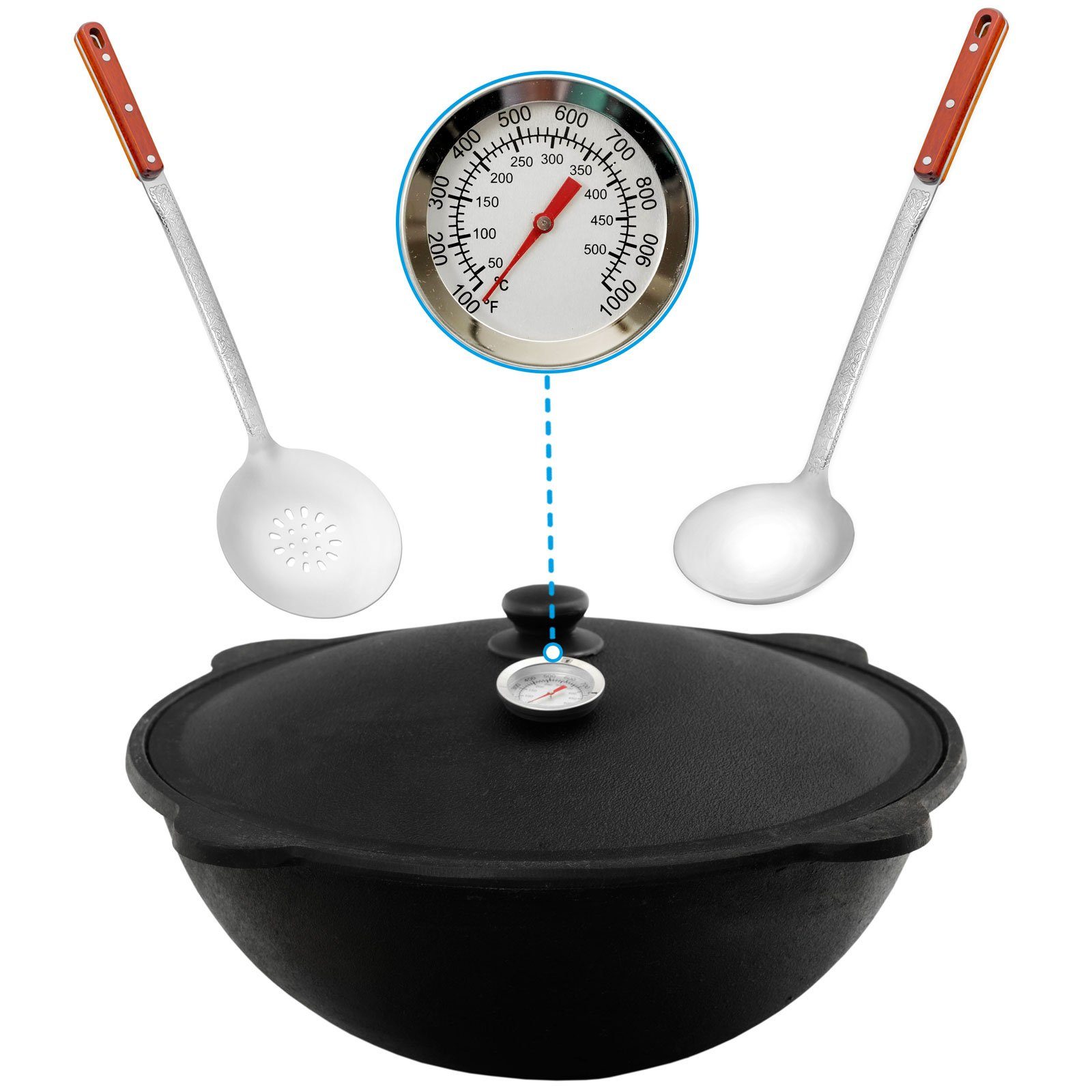 4BIG.fun Grilltopf Gusseisen Kasan 12L Deckel inkl. Thermometer Schaumkelle Schöpflöffel, Gusseisen (inkl. Schaumkelle, Schöpflöffel und Thermometer)