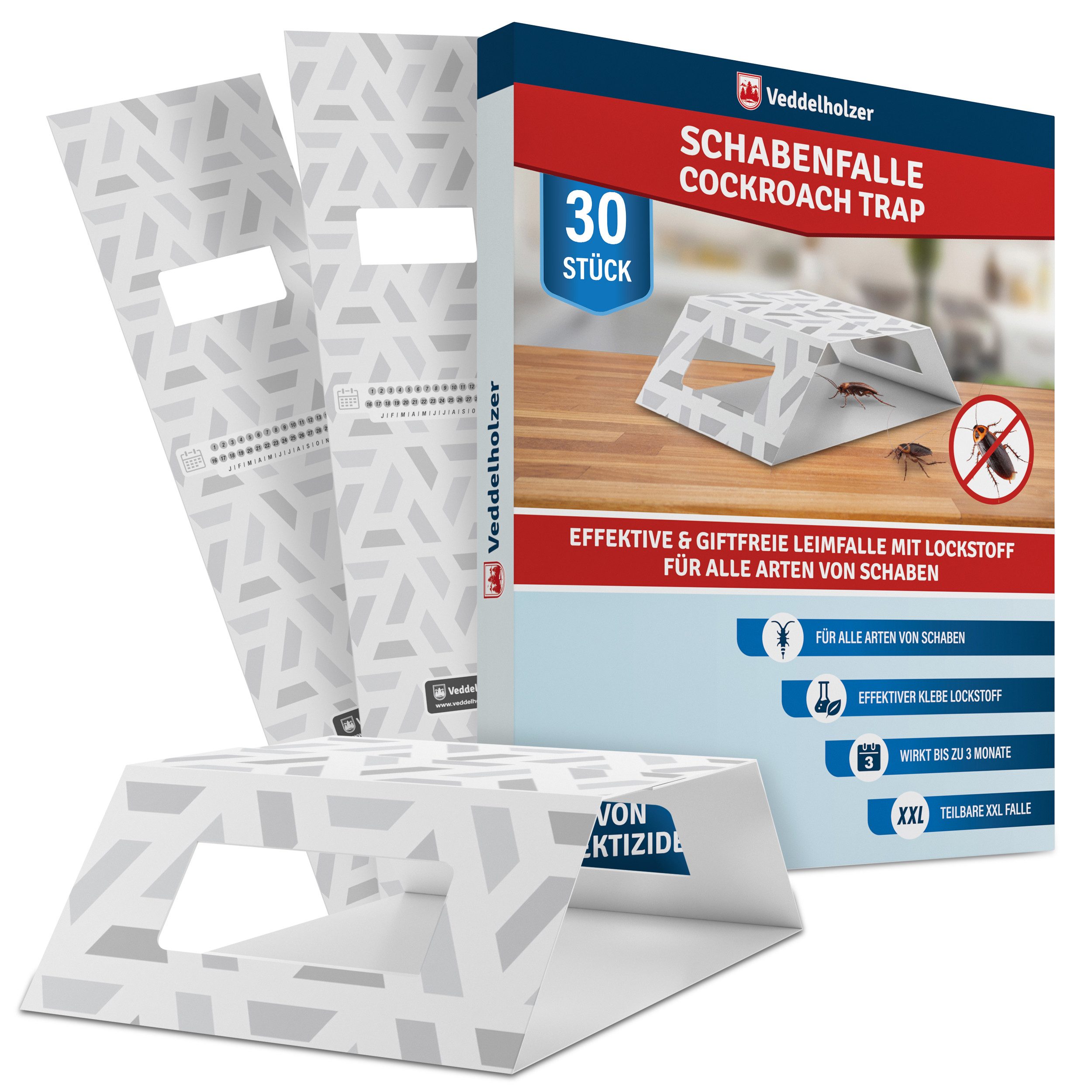 Veddelholzer Klebefalle XXL teilbare Schabenfalle mit integriertem Köder Lockstoff 30 Stück, Effektive Kakerlakenfalle Giftfrei Geruchlos Umweltfreundlich