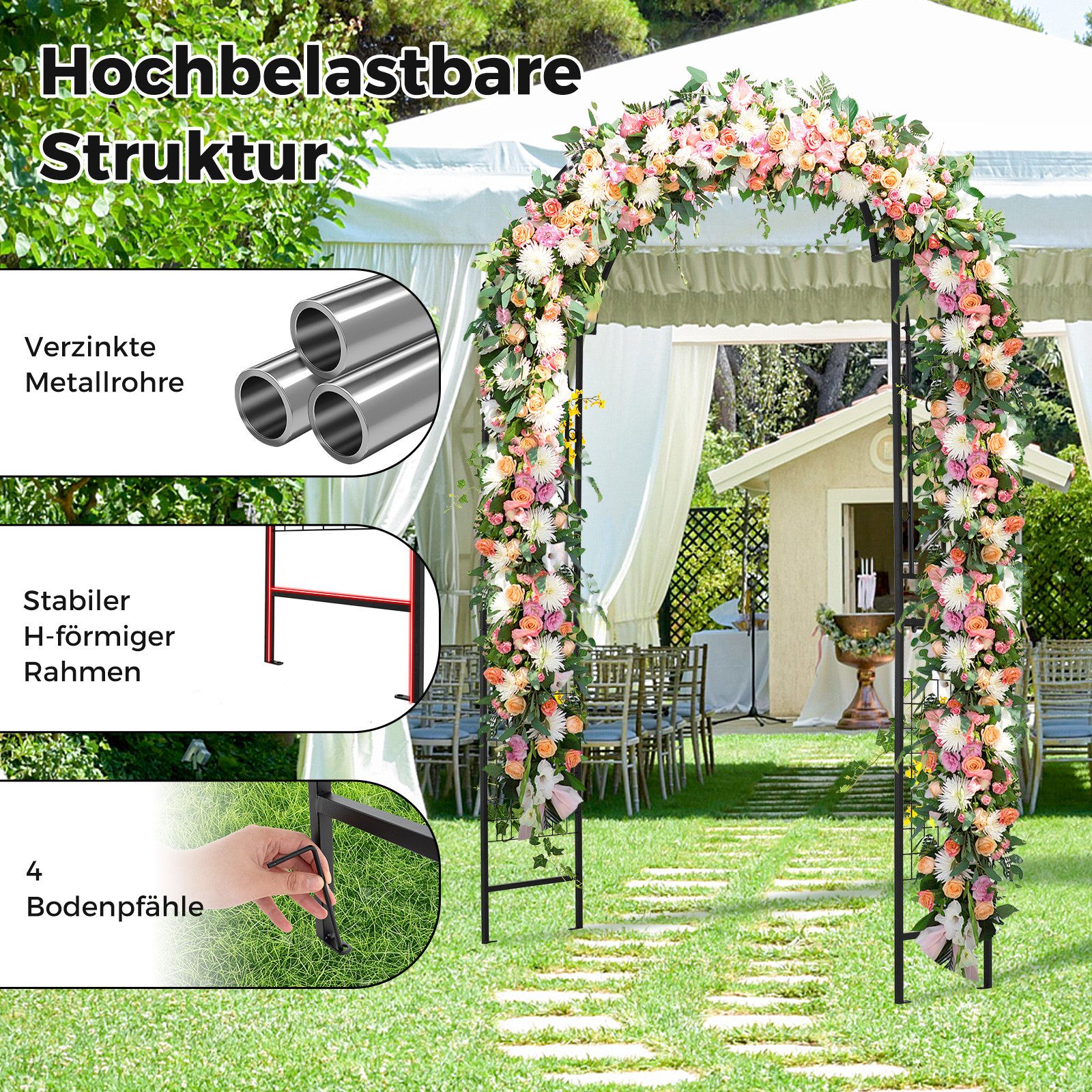 KOMFOTTEU Rosenbogen, Gartenbogen mit Rankhilfe & 4 Erdspießen